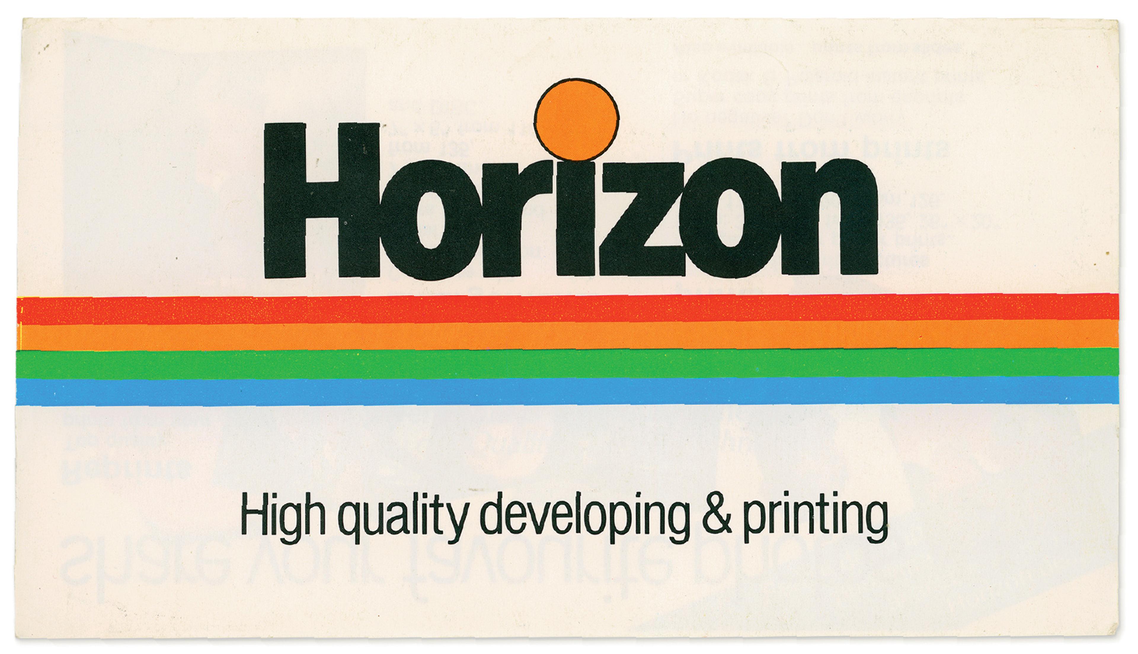 Photograph of an white envelope with colourful stripes running horizontally across the envelope, with the 'Horizon' logo and the text 'High quality developing & printing'.