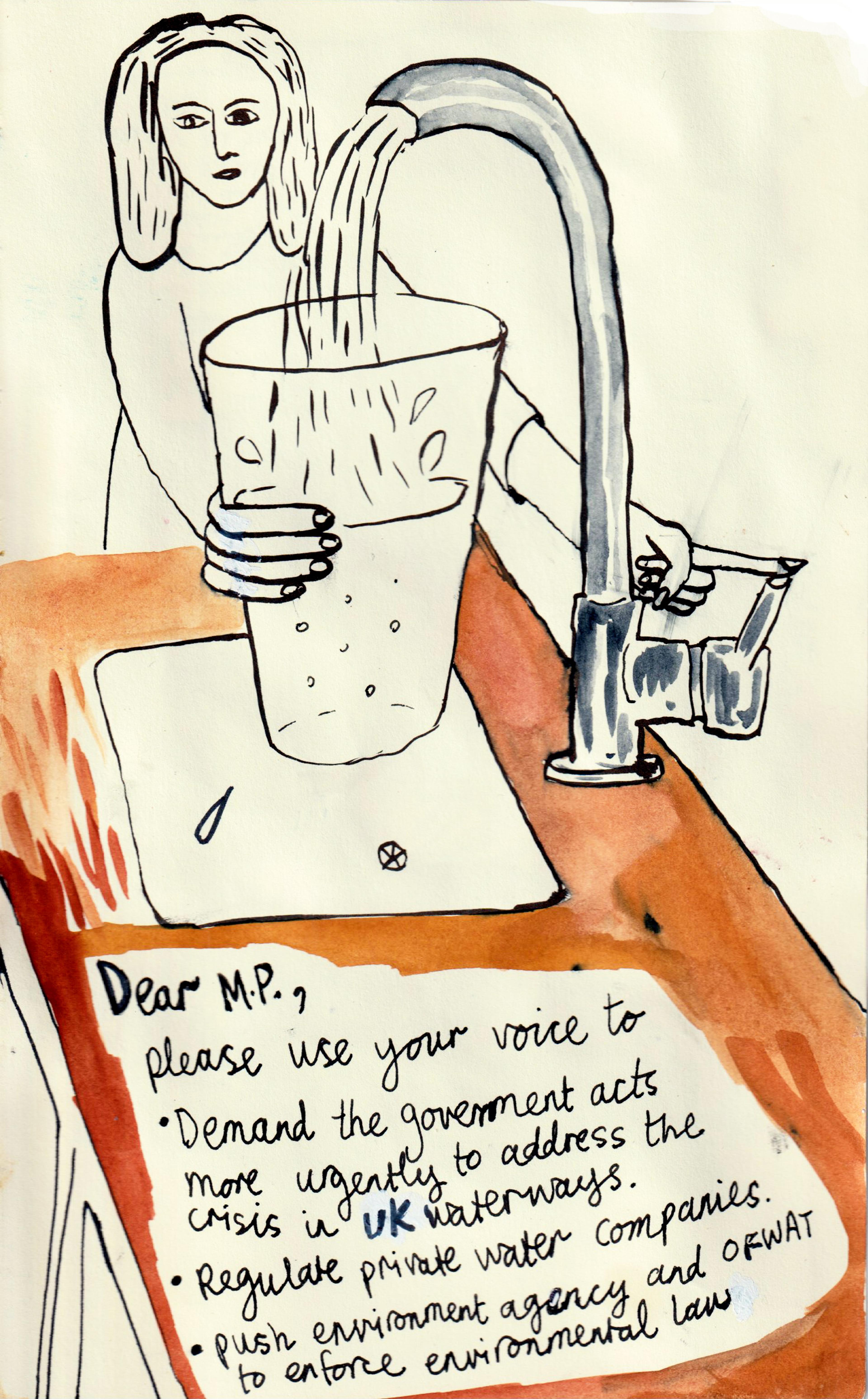 An illustration of a person pouring water into a glass from a tap. On the surface by the sink, there is a letter addressed to an MP.