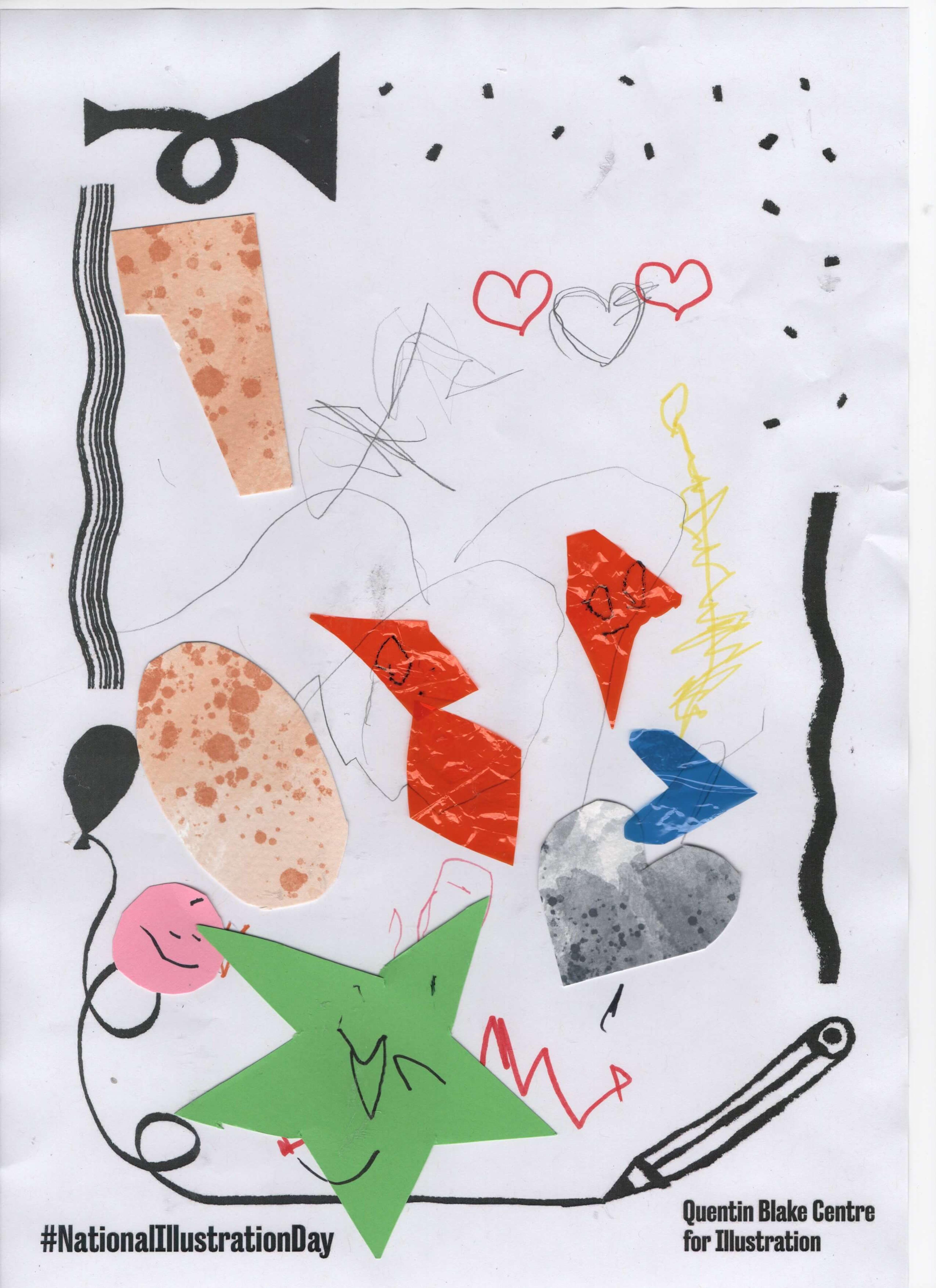 An assortment of shapes, such as stars, hearts and squares, cut out from collage paper or intuitively drawn on using pencil. 