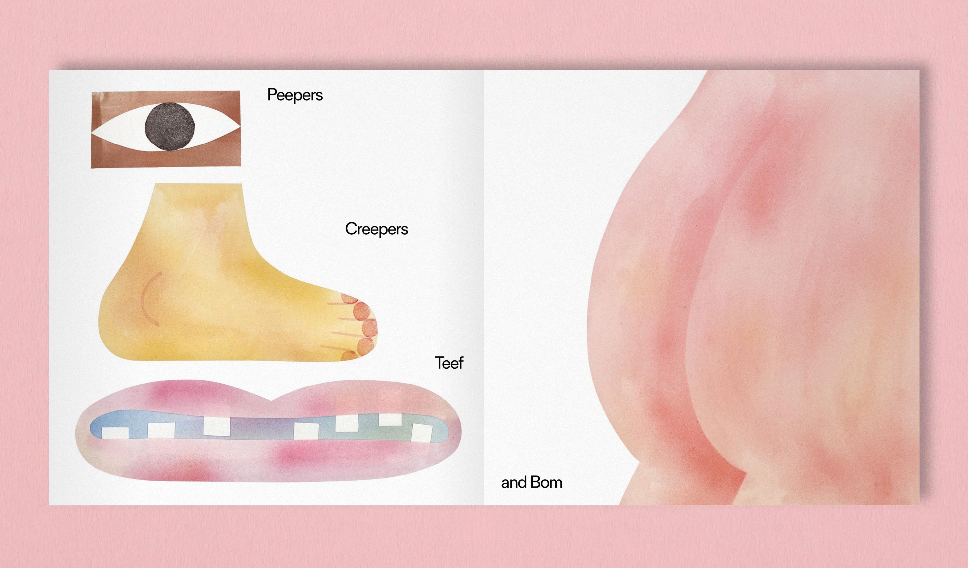 Double page spread of a book with labeled illustrations of an eye, a foot, a mouth with teeth and a bottom.