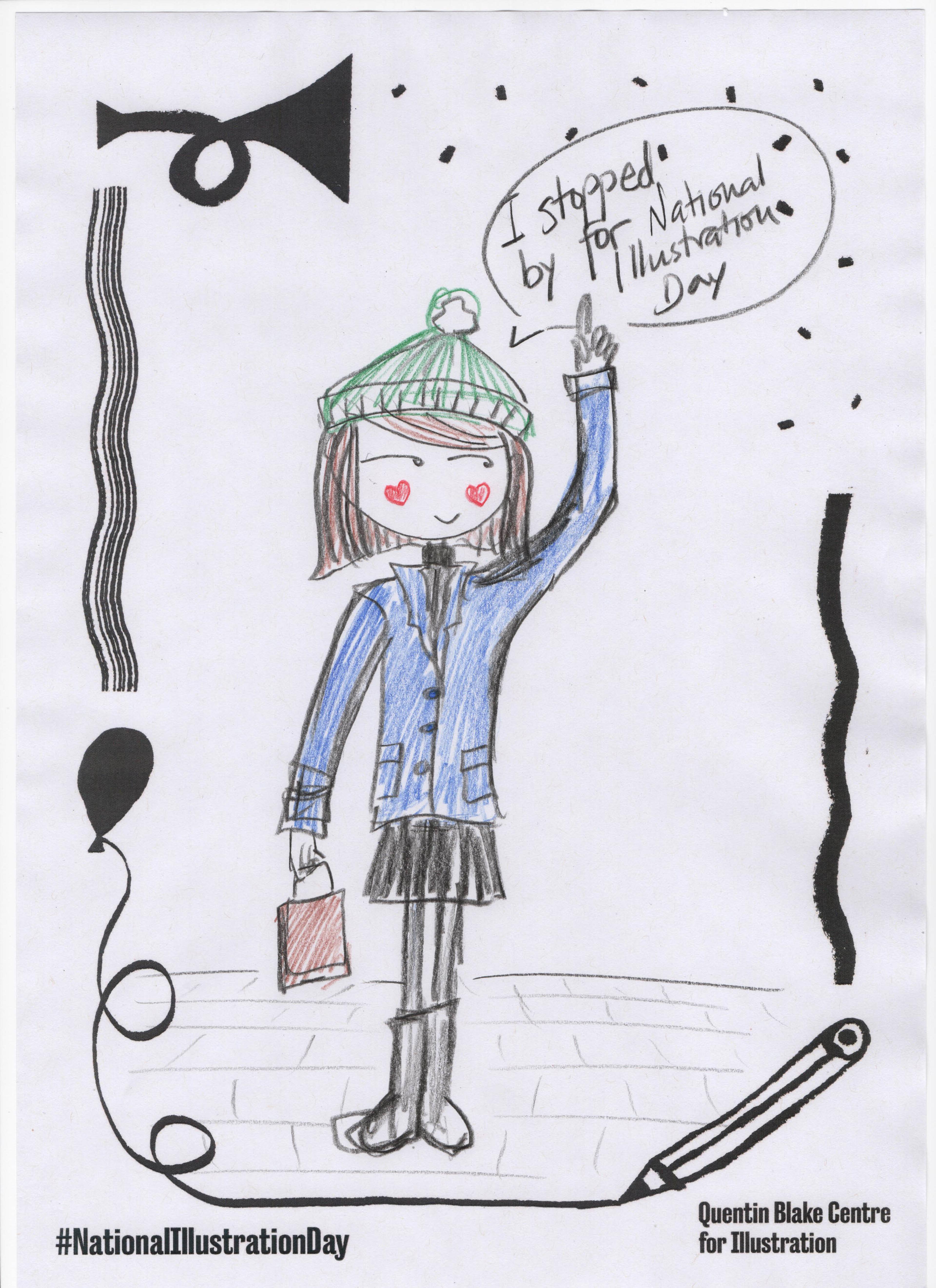 Illustration of a person with a speech bubble saying "I stopped by for National Illustration Day".