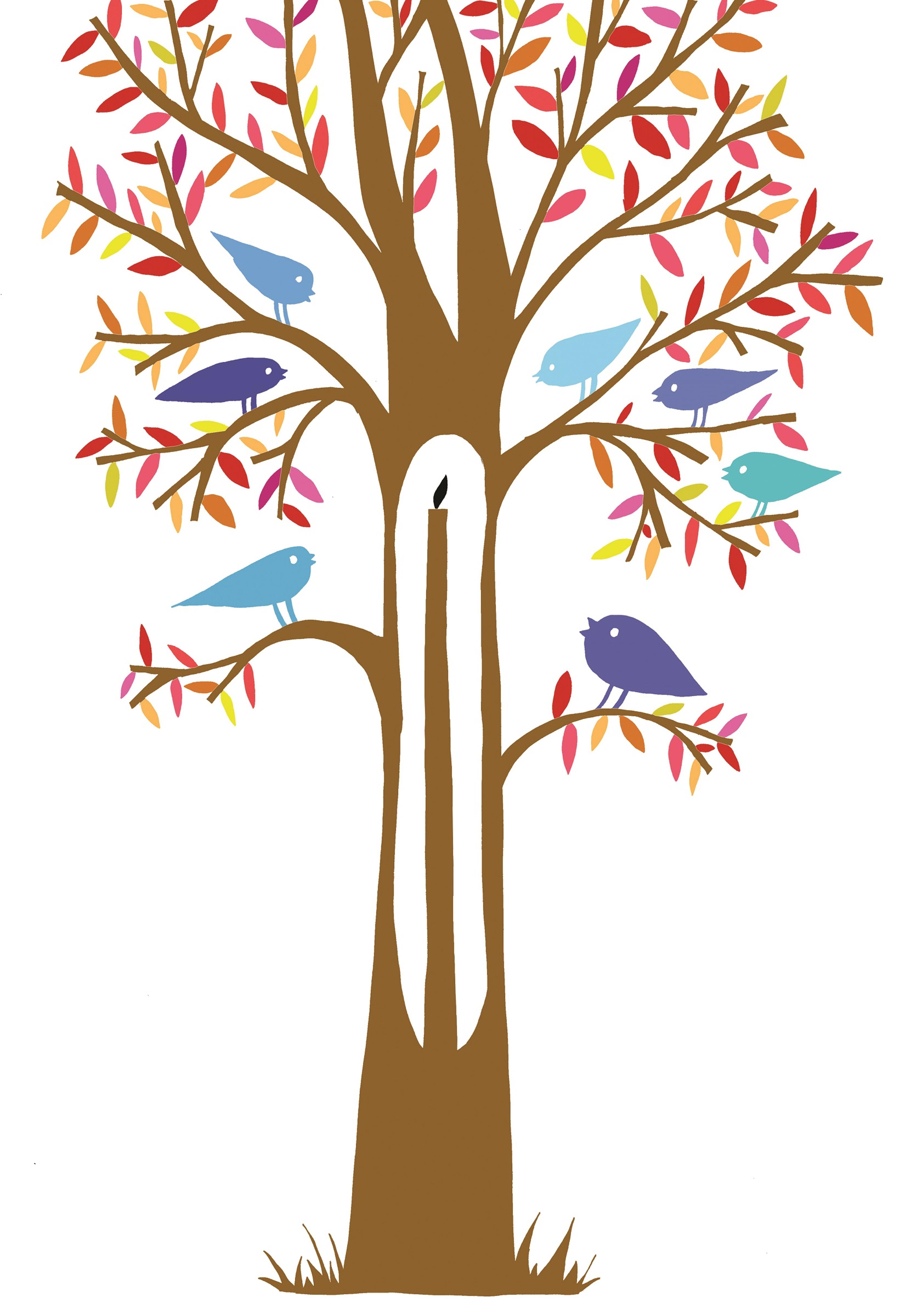 Illustration of blue birds looking at a candle set into a tree trunk