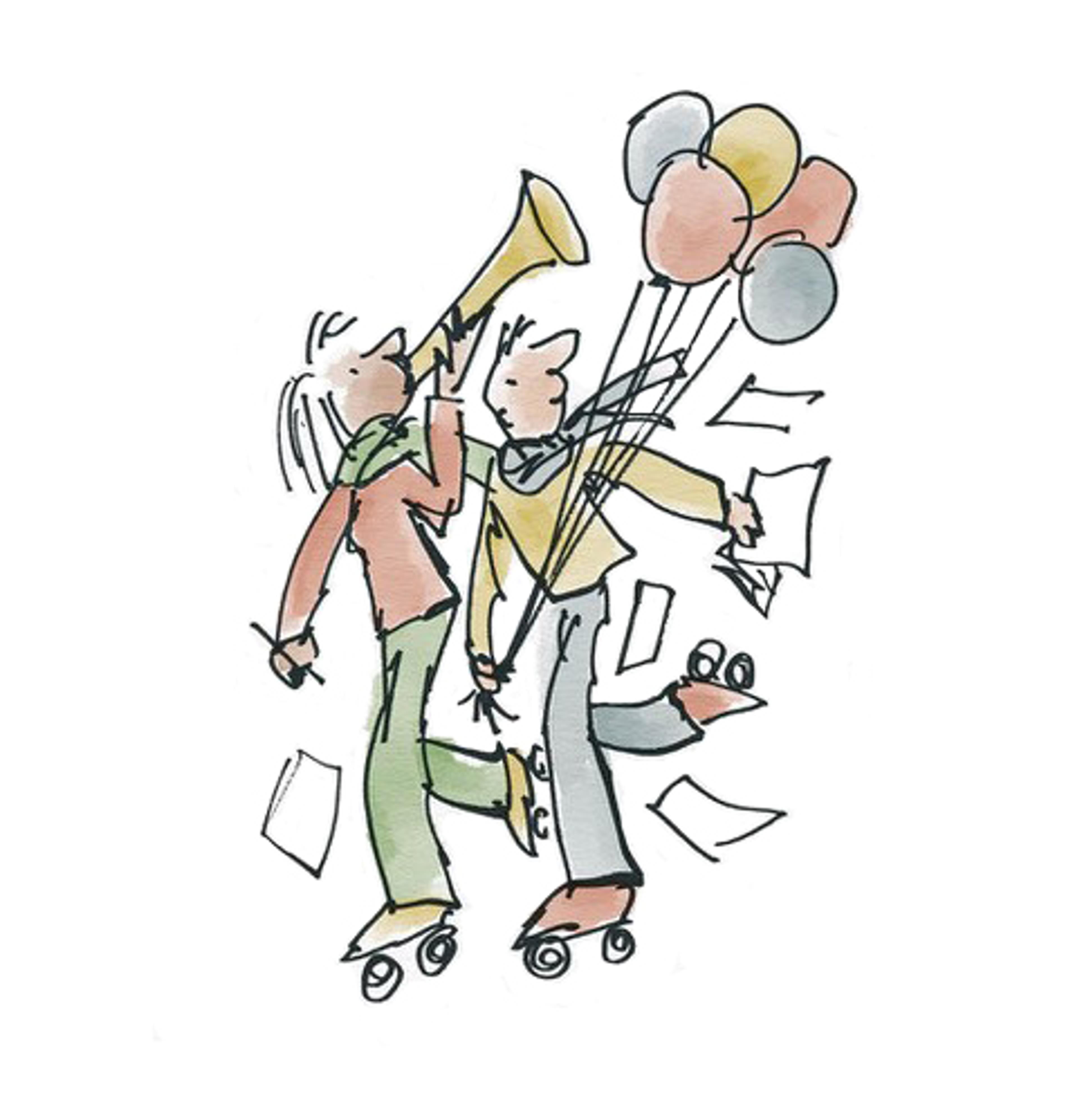 An illustration of two people on rollerskates, one is holding a bunch of balloons and the other is blowing a trumpet. One is holding a pen and sheets of paper are flying around them both.