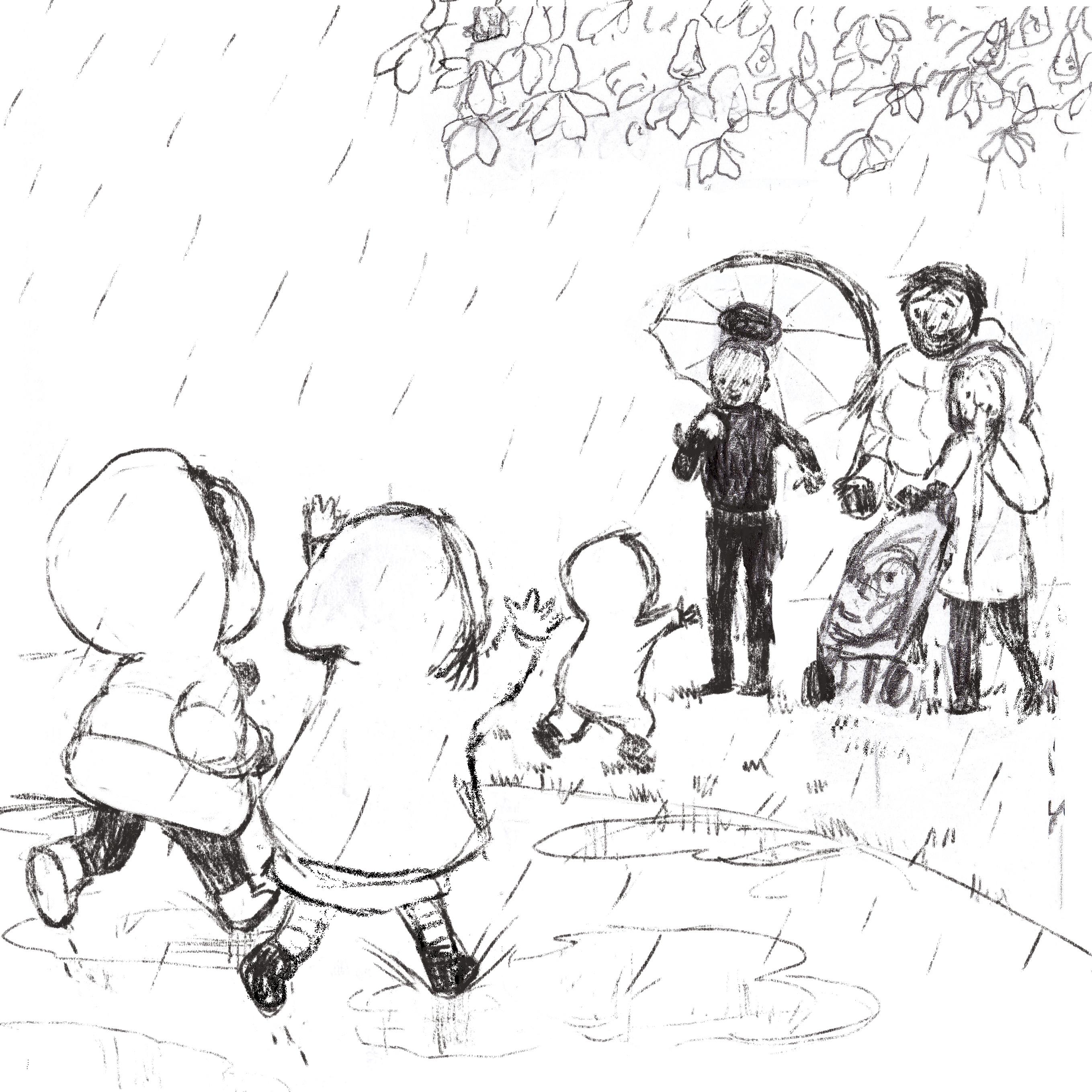 Pencil sketch of people walking in the rain