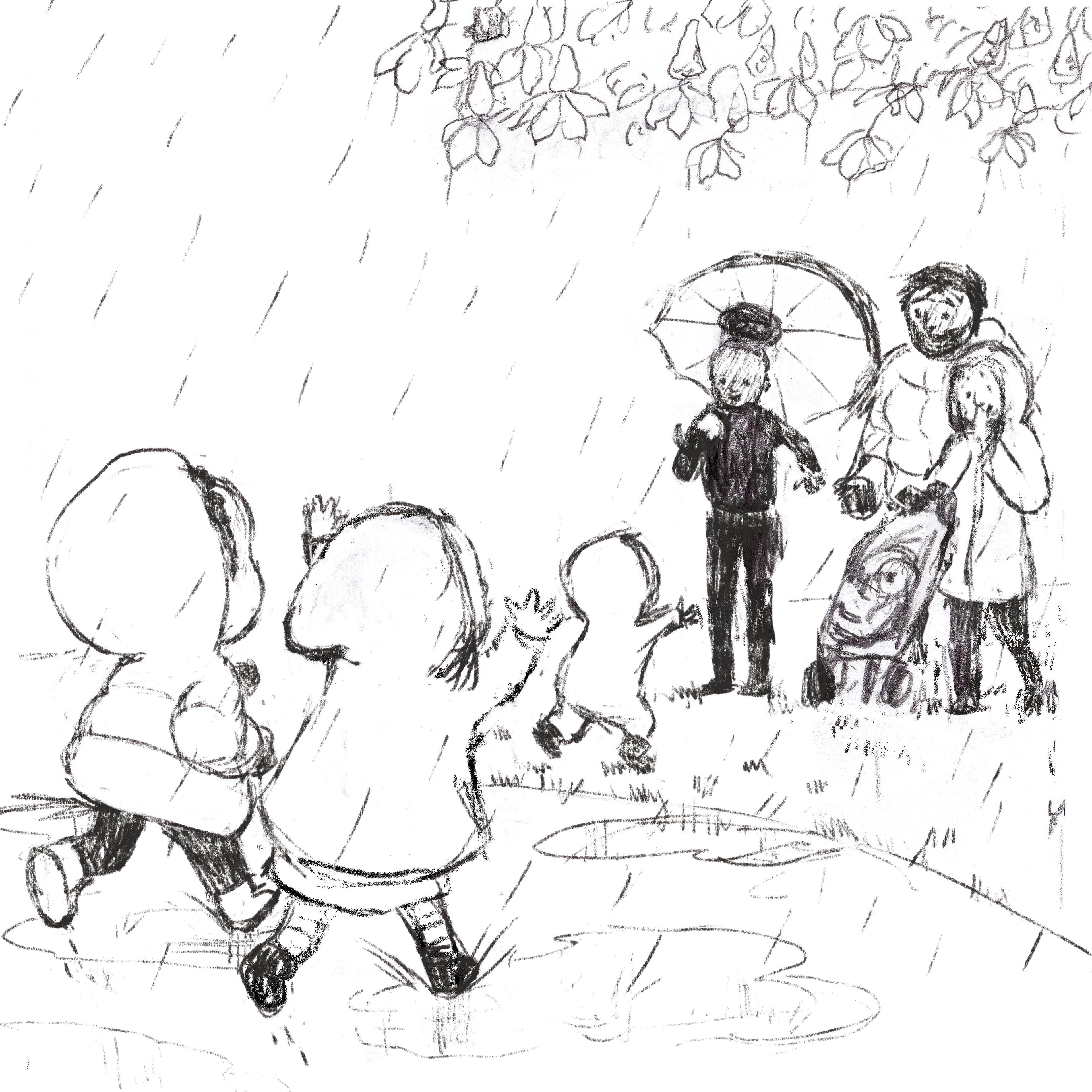 Pencil sketch of people walking in the rain