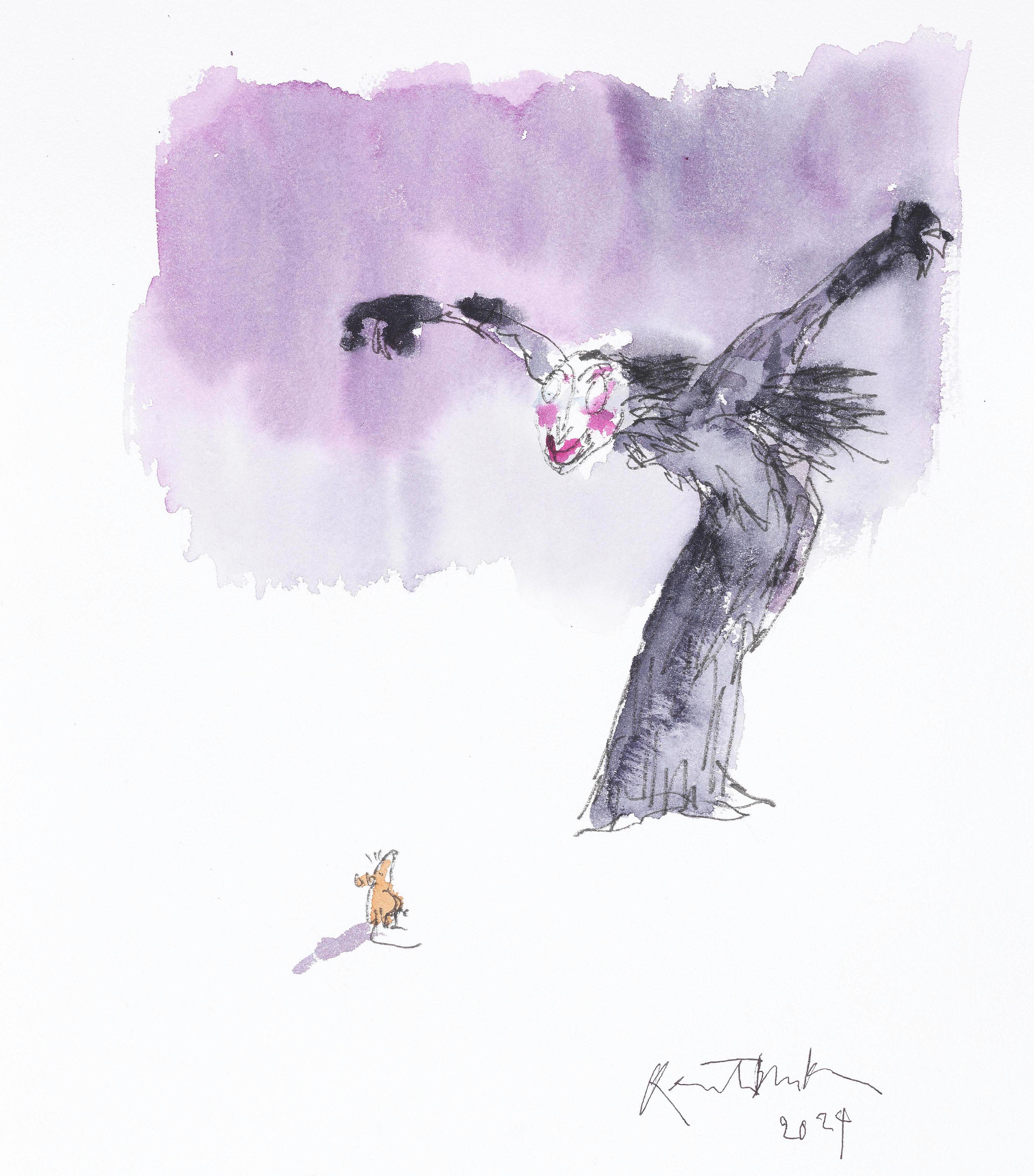 Illustration of a person with their arms held up and wide staring at a tiny mouse on the floor beneath them.