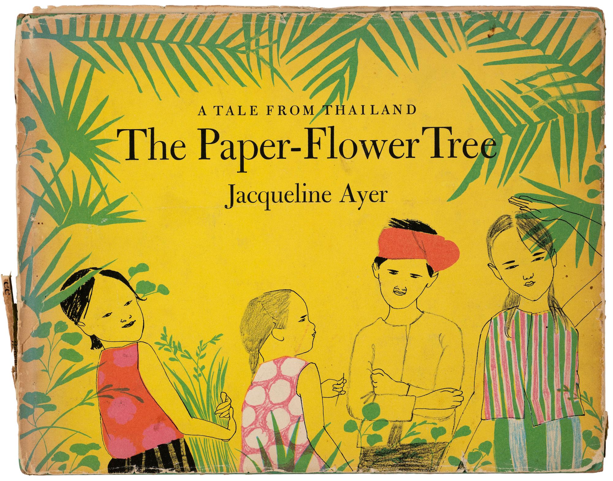 Book cover of The Paper-Flower Tree, illustrated with four children in colourful clothes and a border of green leaves