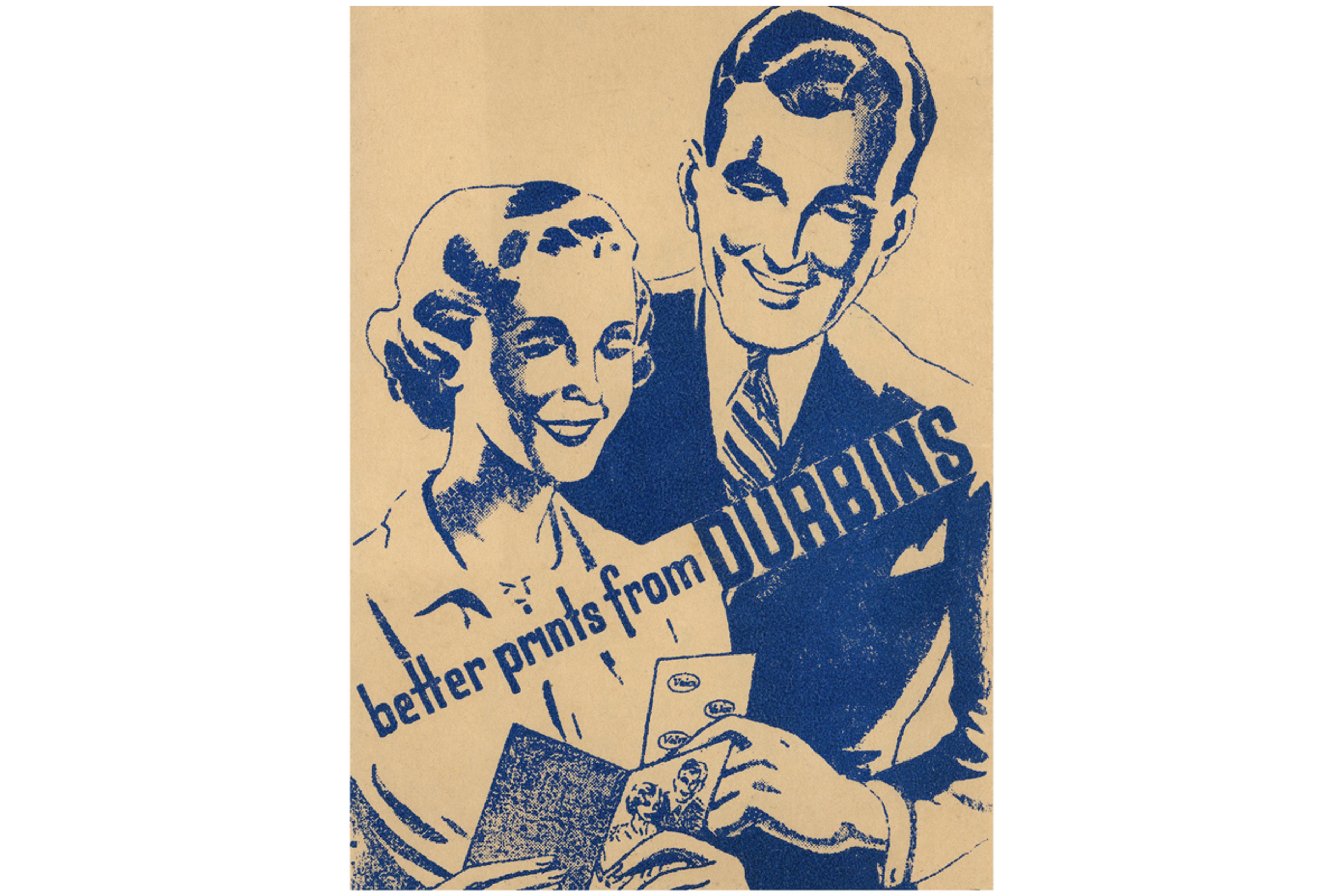Photo of an envelope with the illustration of two people, both smiling, looking at the envelope of themselves and photographs with the text 'better prints from Durbins'.