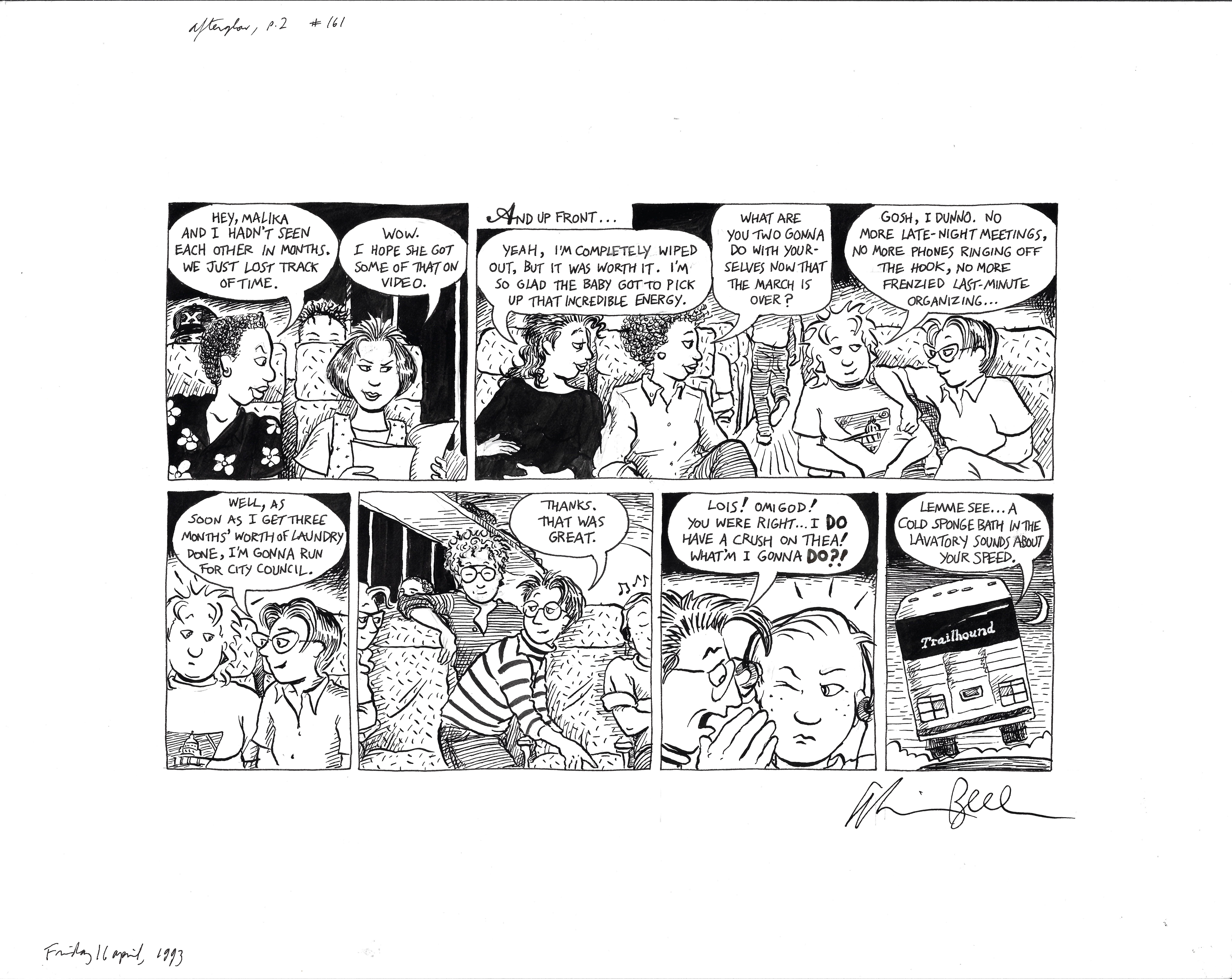 Black-and-white comic strip showing a group of friends discussing post-event plans and feelings. One character considers running for city council, another broods over a crush. The mood is reflective and light-hearted.