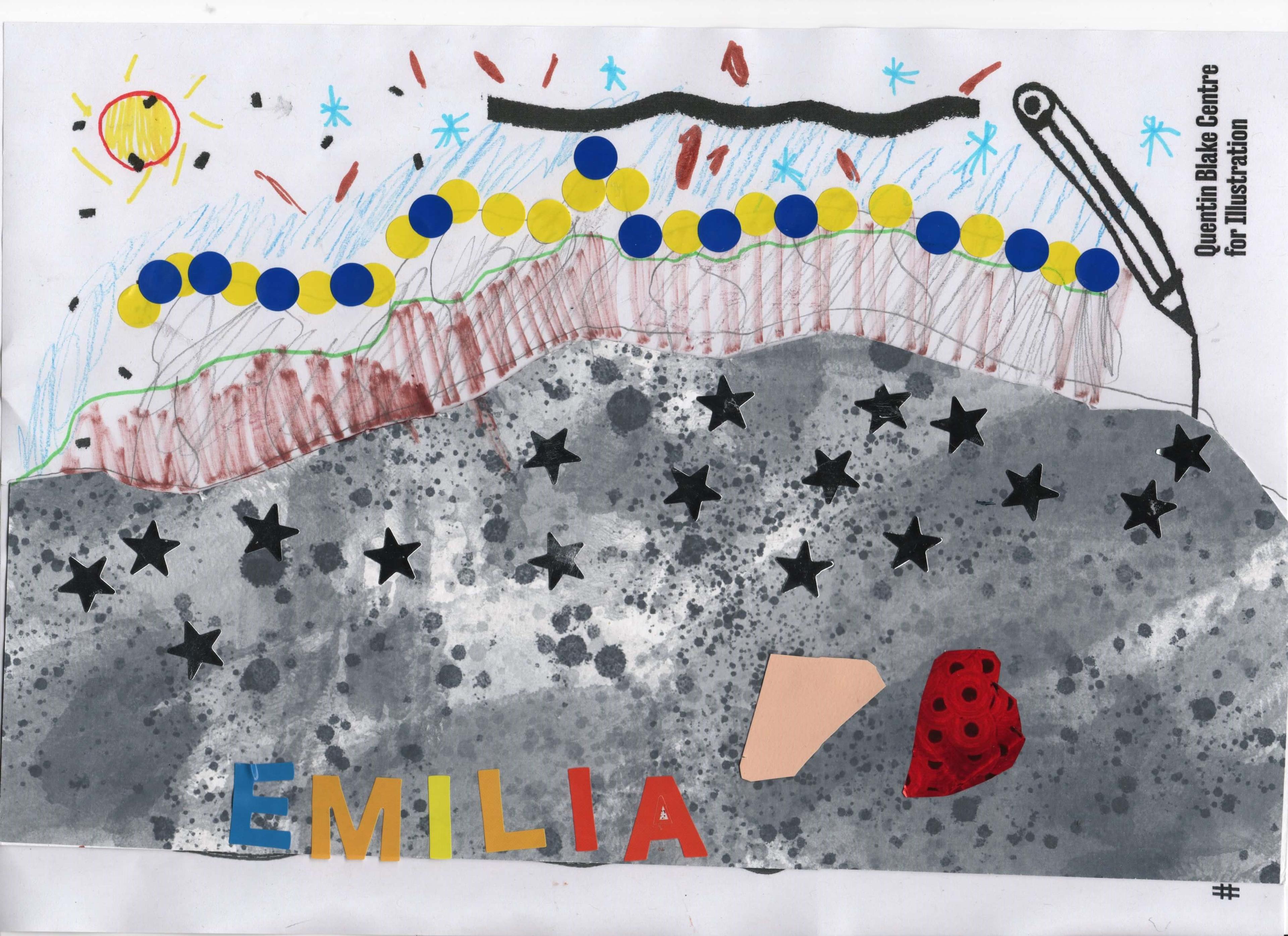 An abstract drawing with starry textured gray paint, brown marks, blue and yellow stickers and abstract shapes. The name 'Emilia' is included in coloured capital letters in the bottom left-hand side.