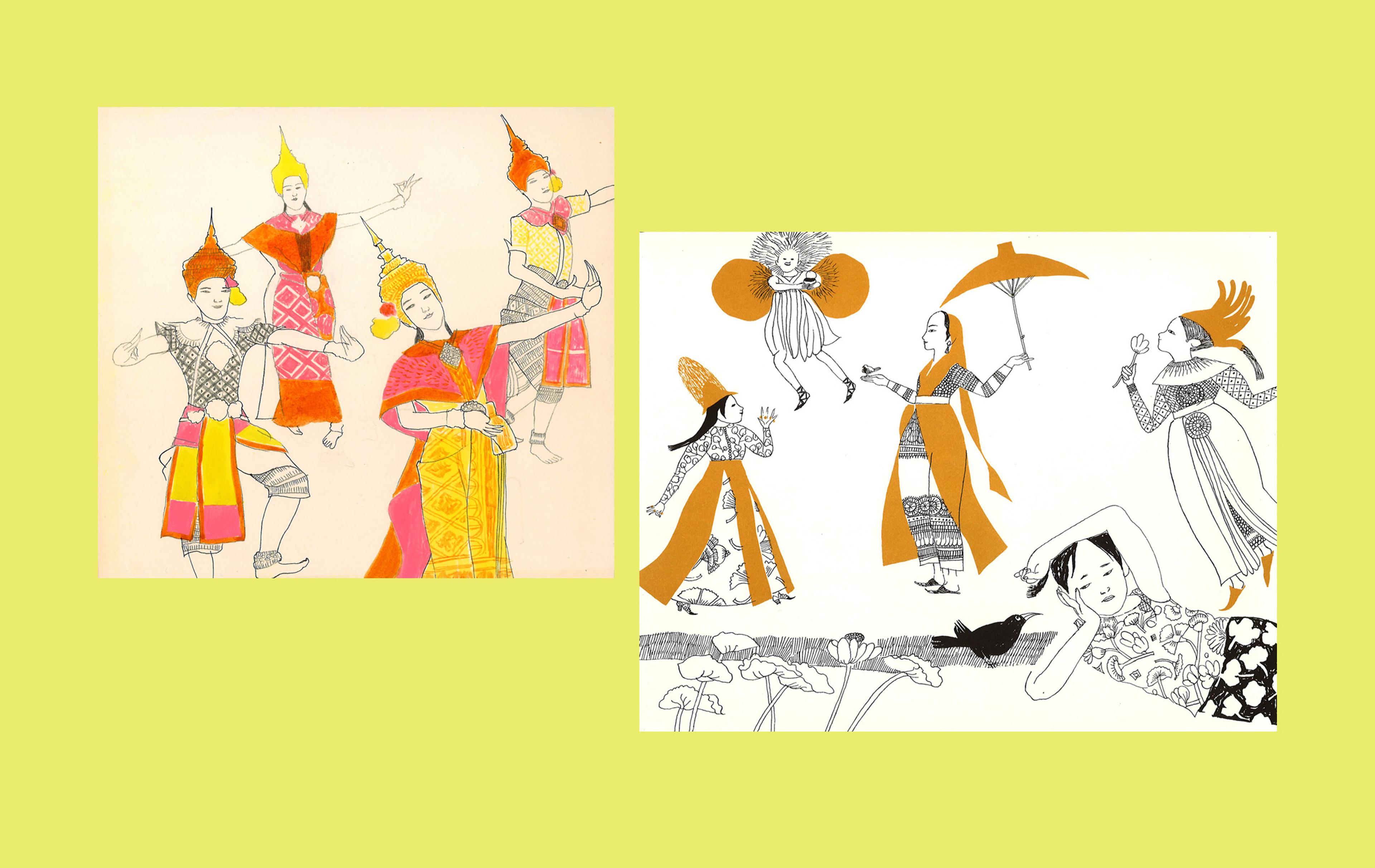 Black ink and pencil drawing of Thai dancers with orange and yellow details, and black, white and yellow illustration with a young girl in the foreground with a black bird, and dancers in the background