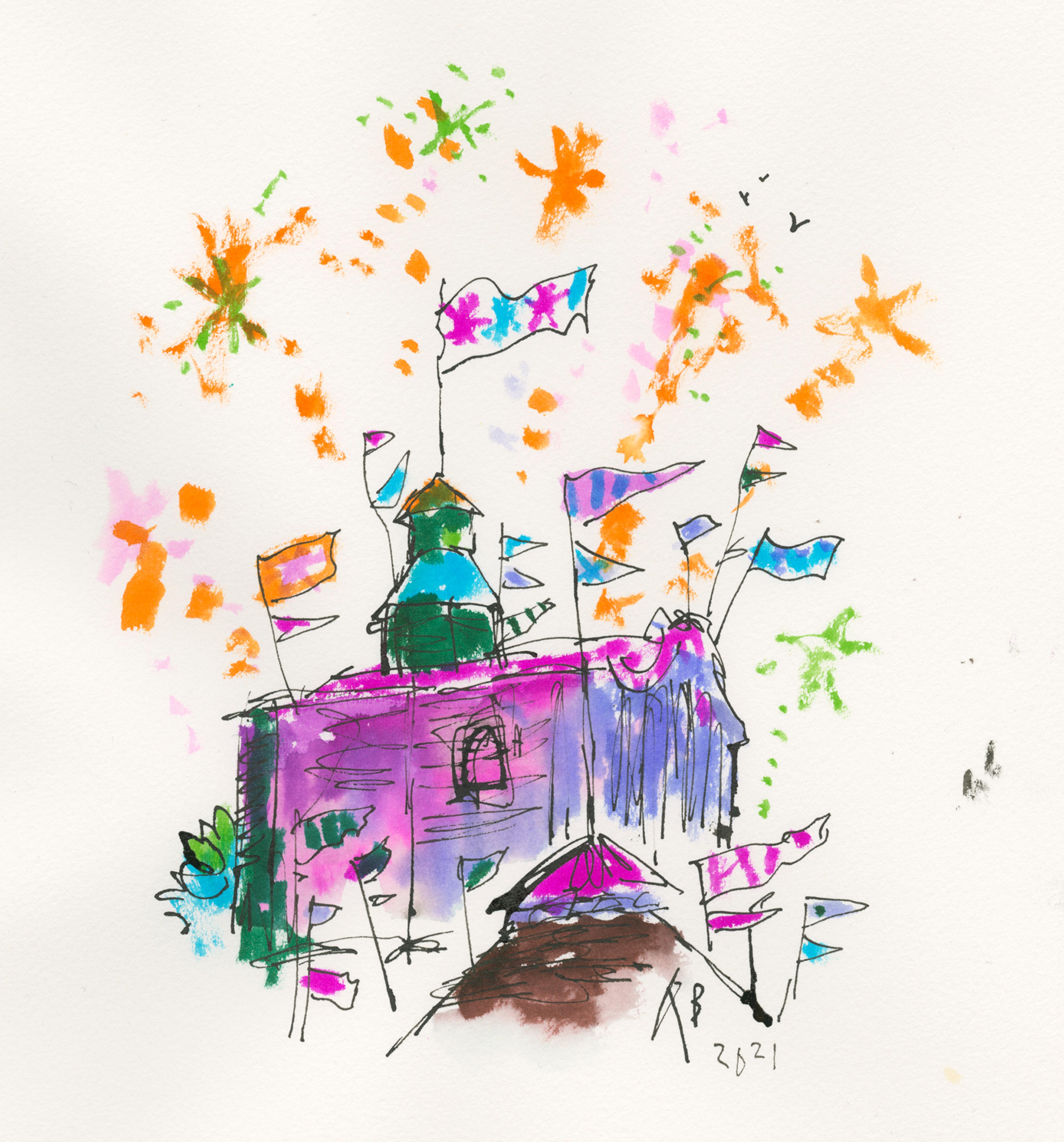 Quentin Blake illustration of New River Head with flags coming out from the buildings and fireworks going off in the background.