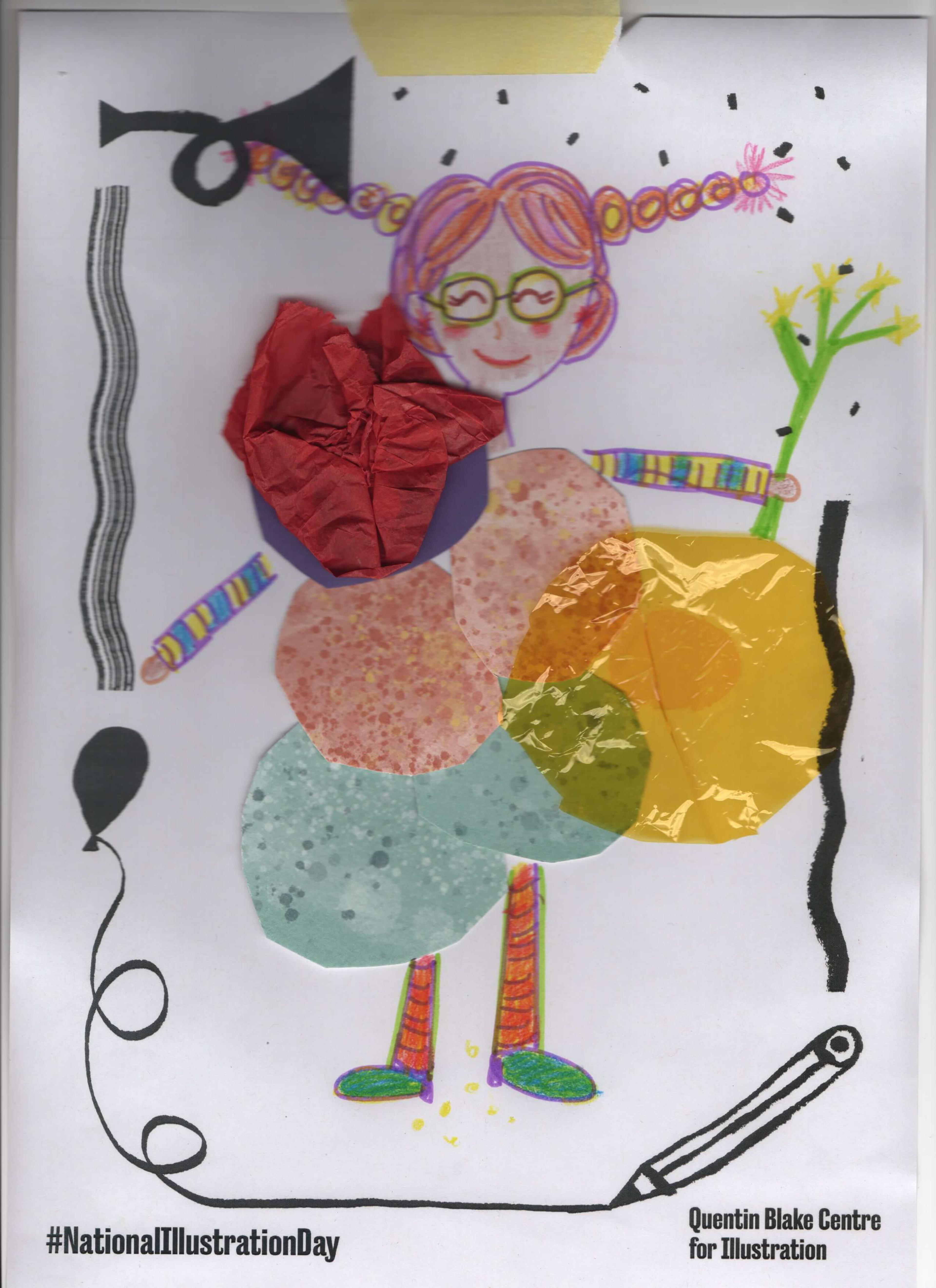 Drawing of a pink-haired child with glasses and pigtails. The child's clothes are depicted using abstract cut-out shapes.