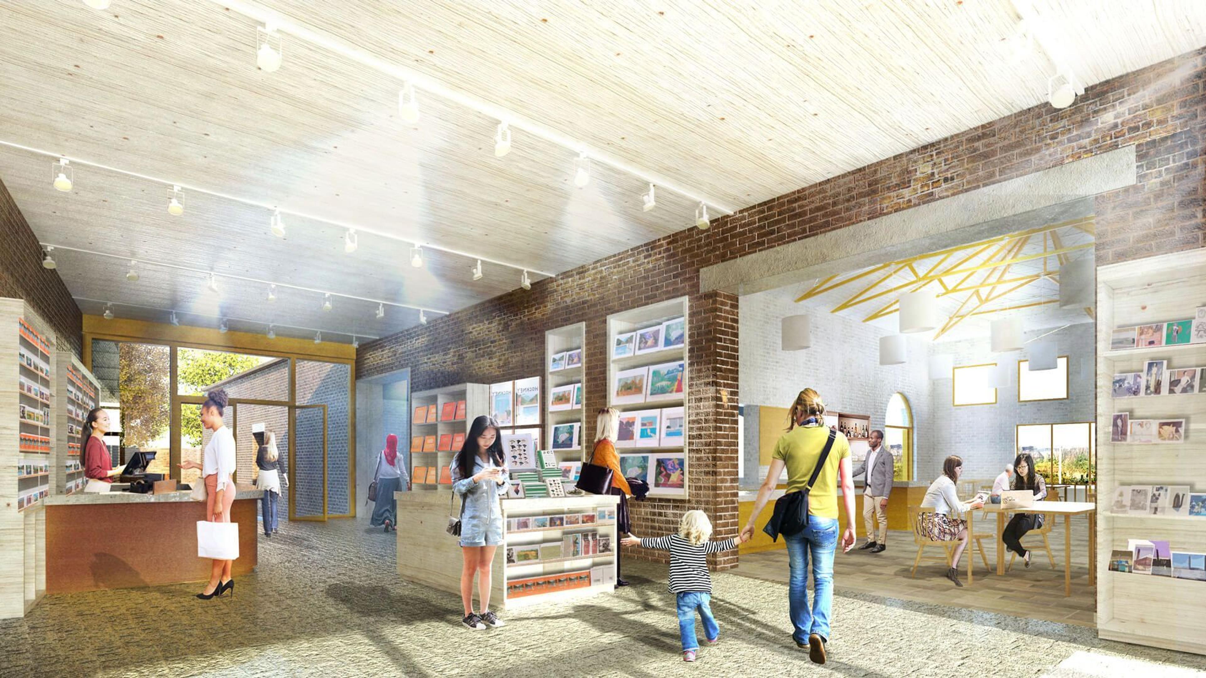 Mock up image of the inside of a building with people browsing in a shop and sitting in the cafe.