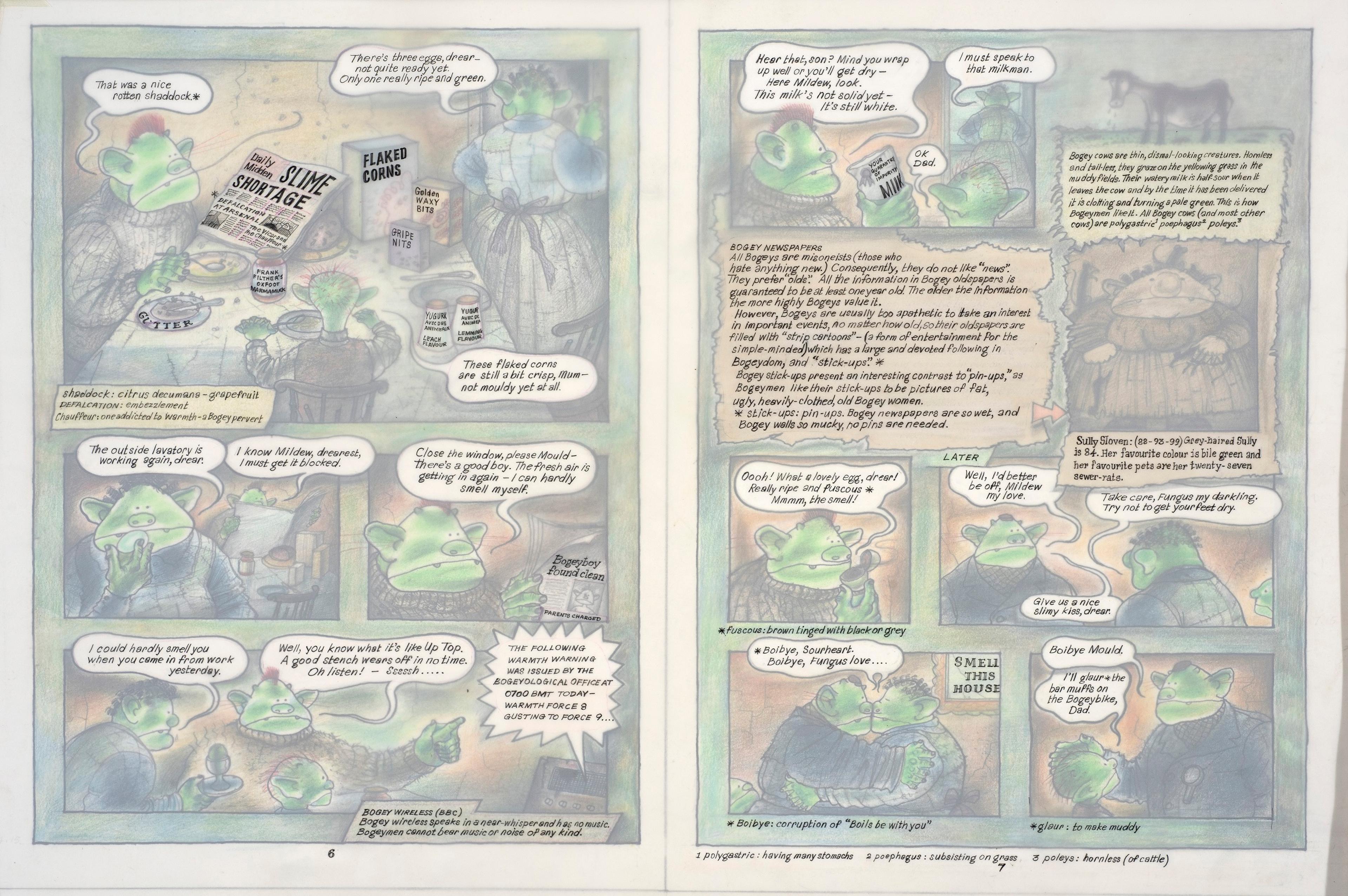 Illustration of Bogey family eating breakfast in 12 comic panels with overlaid tracing paper with speech bubble text