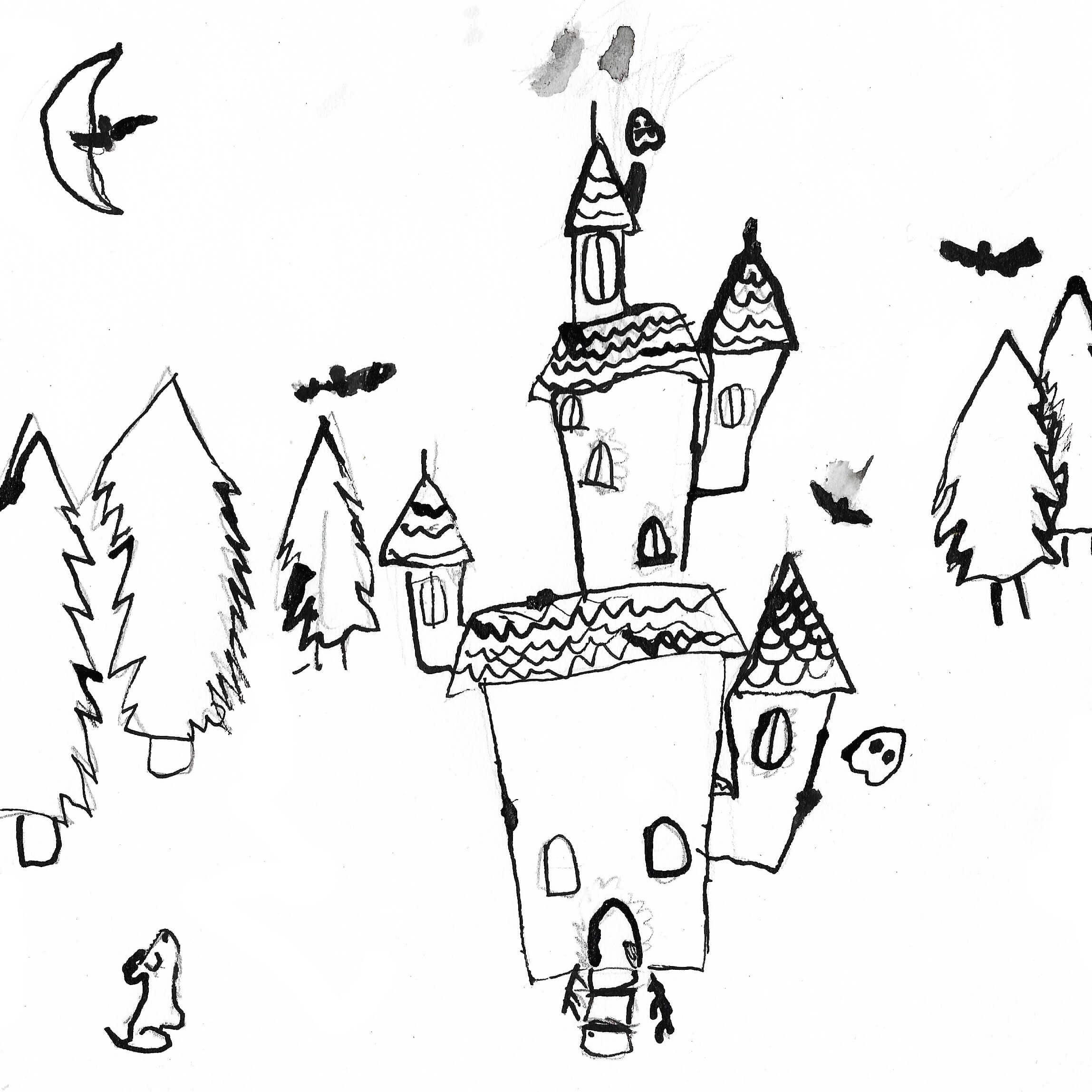 A multi-storied house situated in a forest, rendered using ink