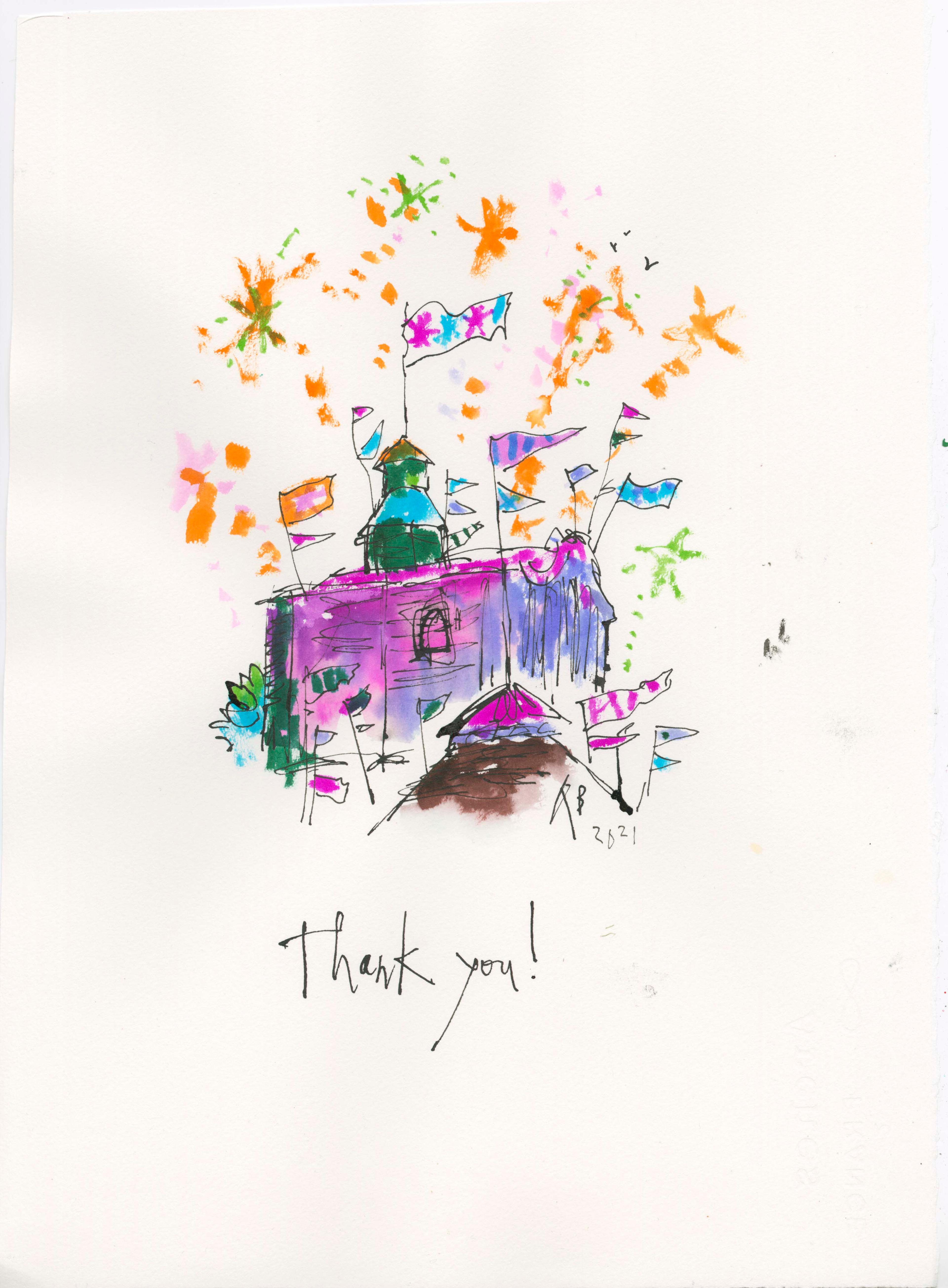 An illustration of an Engine House building with multi coloured flags attached to the roof and fireworks exploding in the sky above.