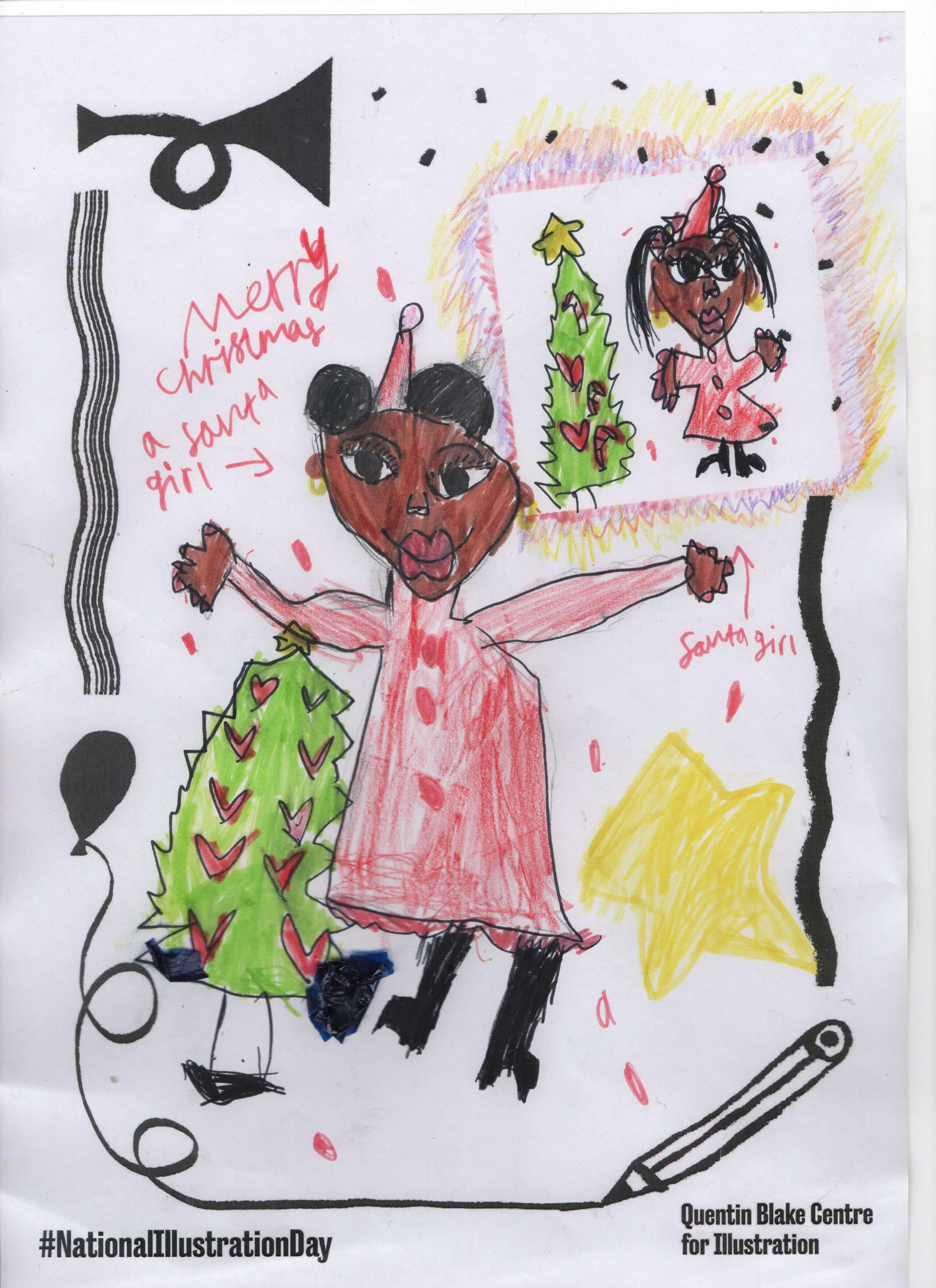 Artwork of a child with space buns dressed in pink stood next to a Christmas tree. The picture includes a smaller drawing depicting the same, but the second picture shows the child with two ponytails instead.