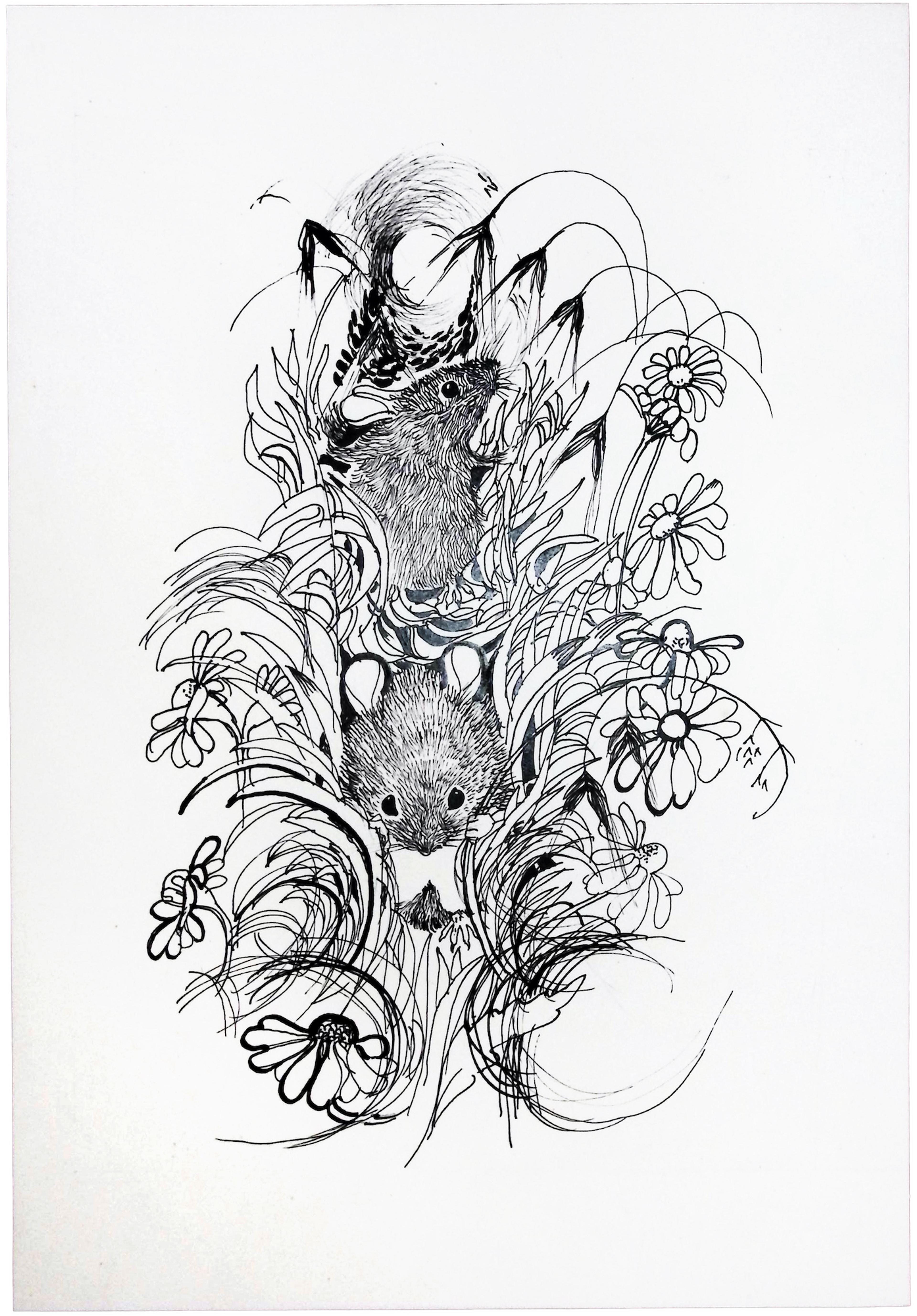 Detailed black and white drawing of two mice surrounded by grass and flowers