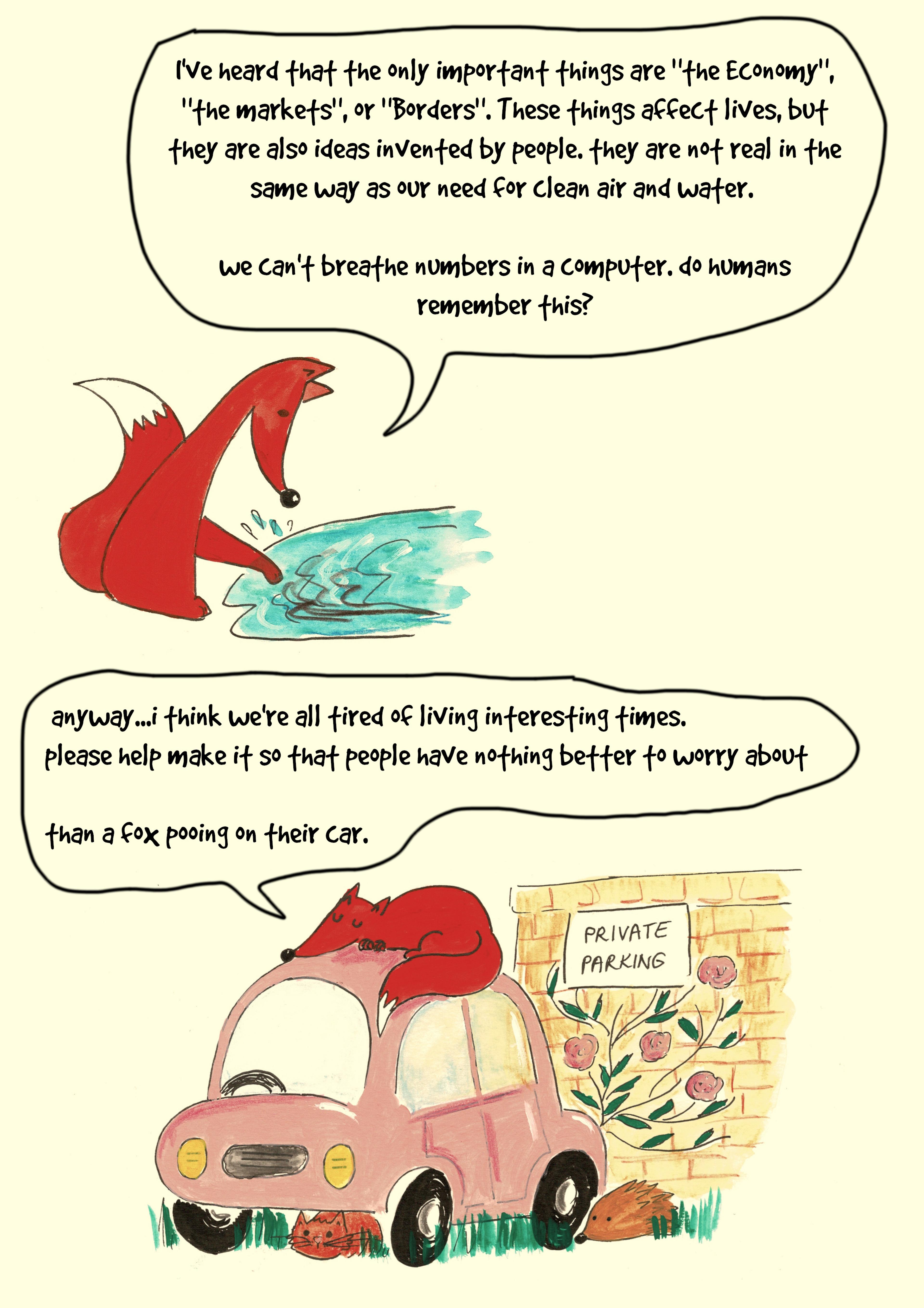 A page with two illustrations and two pieces text in speech bubbles. The illustrations feature a fox and are addressing their new MP.