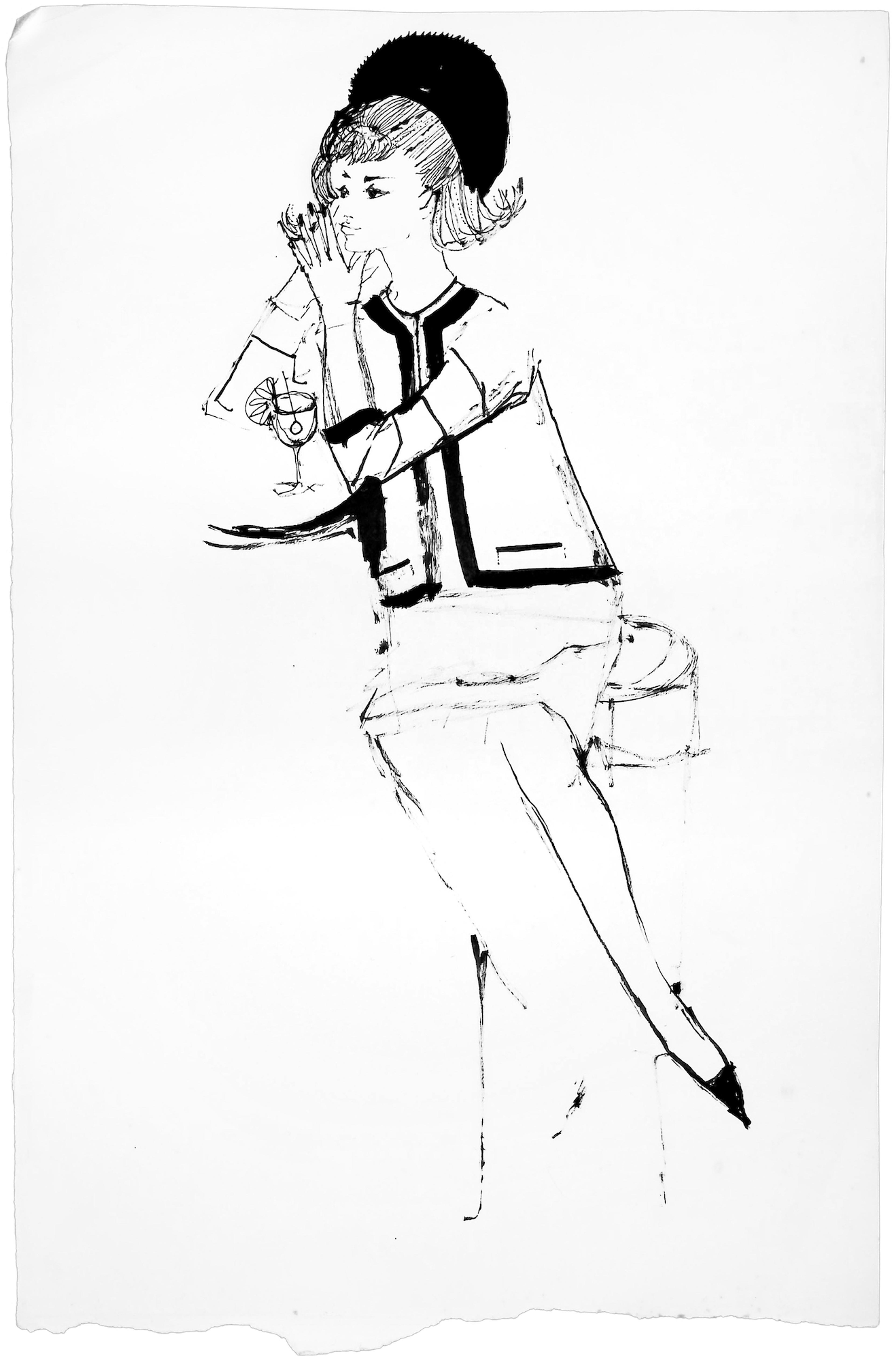 A black and white drawing of a woman in a business jacket and hat, sitting at a bar