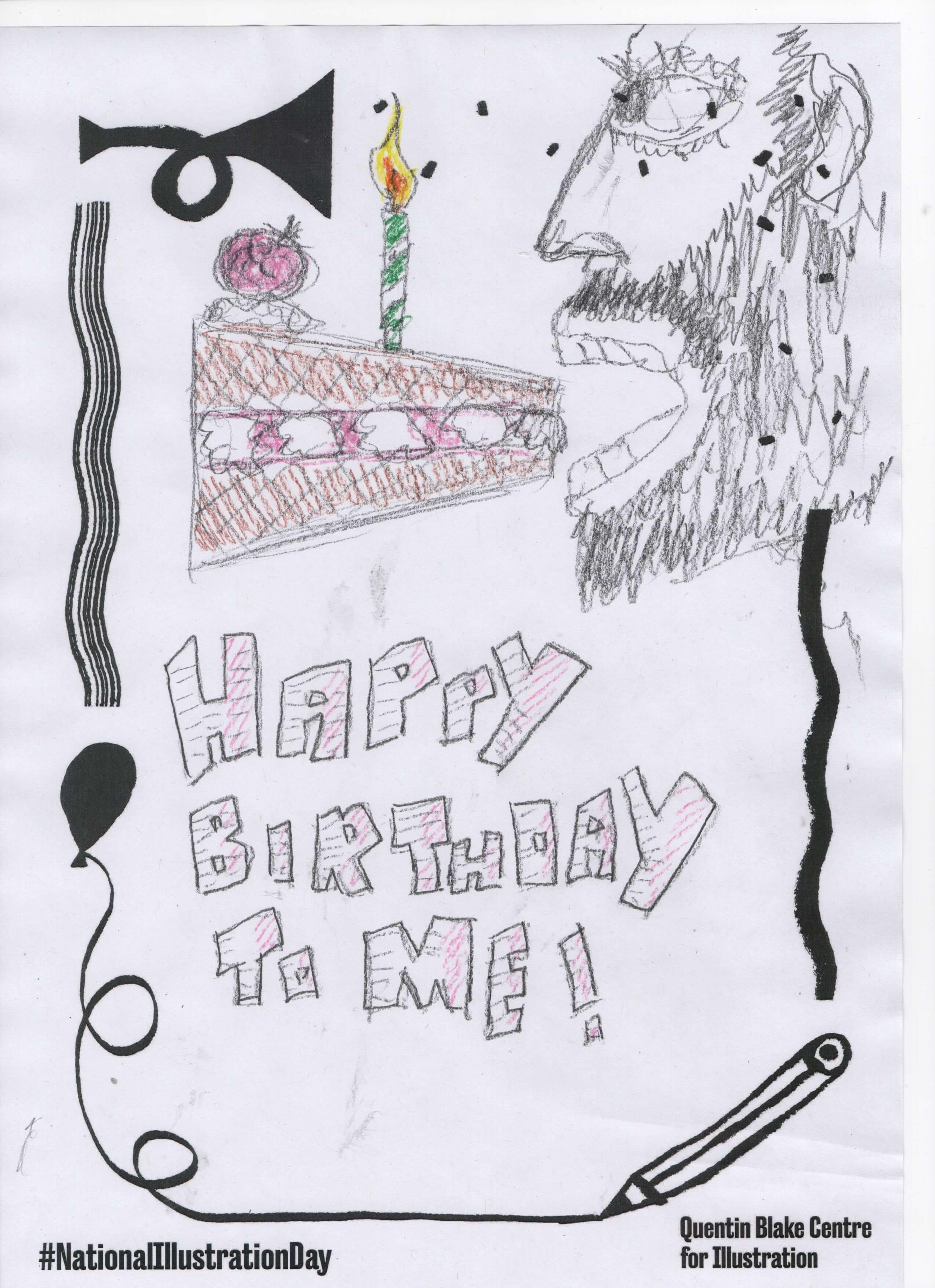 A pencil sketch of a bearded face in profile view, with their mouth open.There's a slice of birthday cake flying into their mouth. The picture includes the words "happy birthday to me" drawn in all-caps, blocky text.
