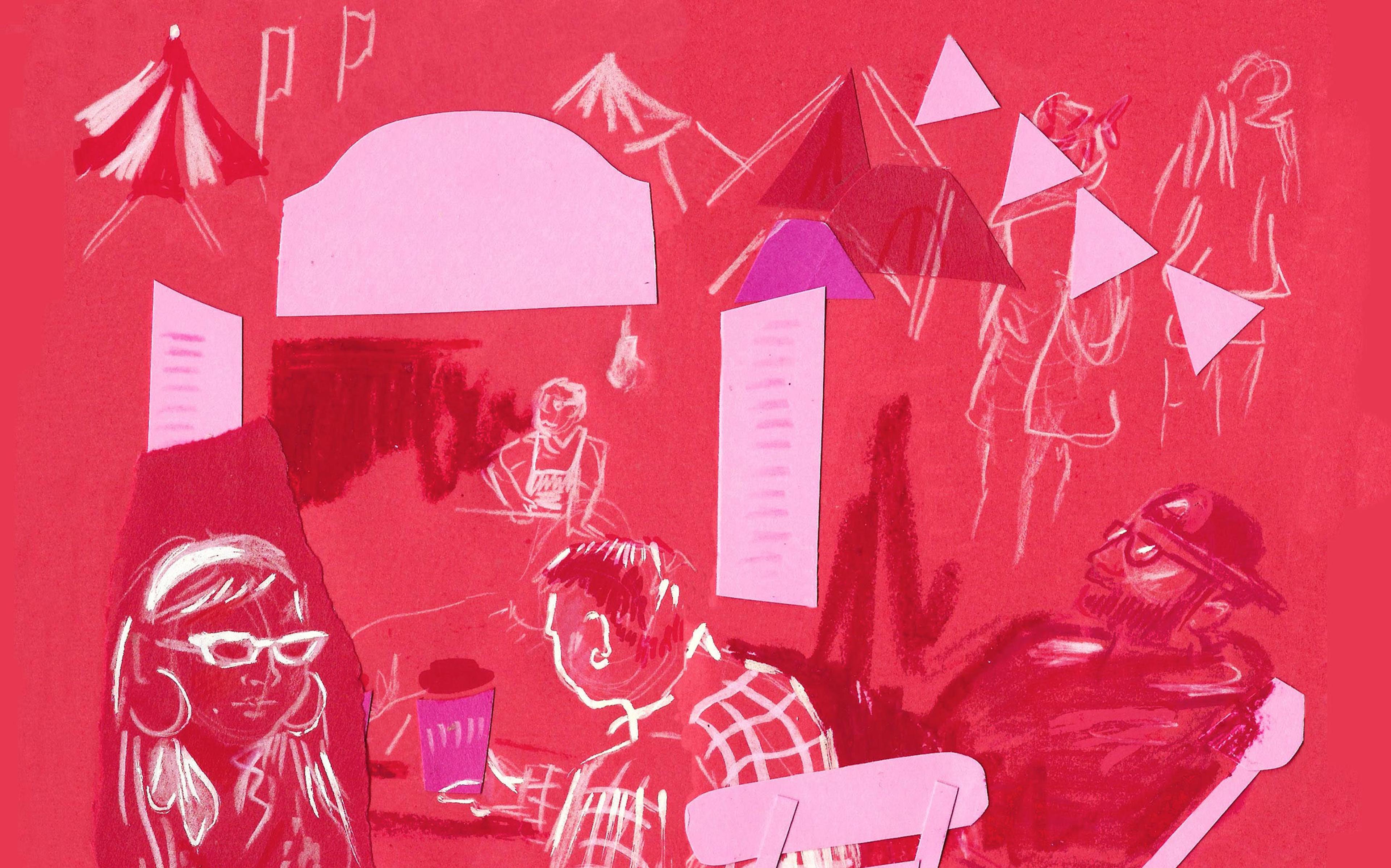 Vivid bright red illustration made with white marks on paper, and collage. People sit around under bunting, drinking, listening to music, and relaxing.