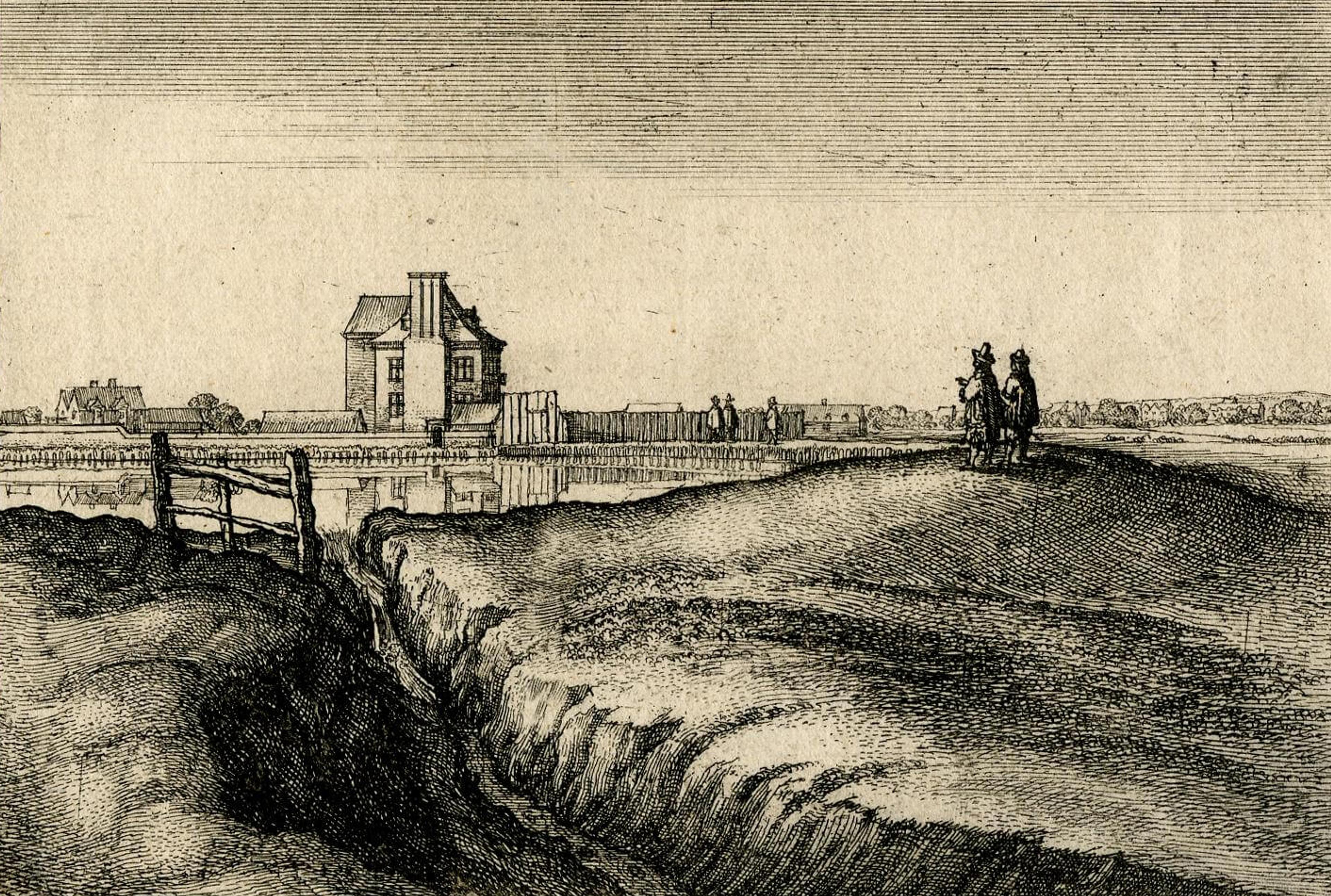 Etching of two people looking out onto a pond with a house in the distance