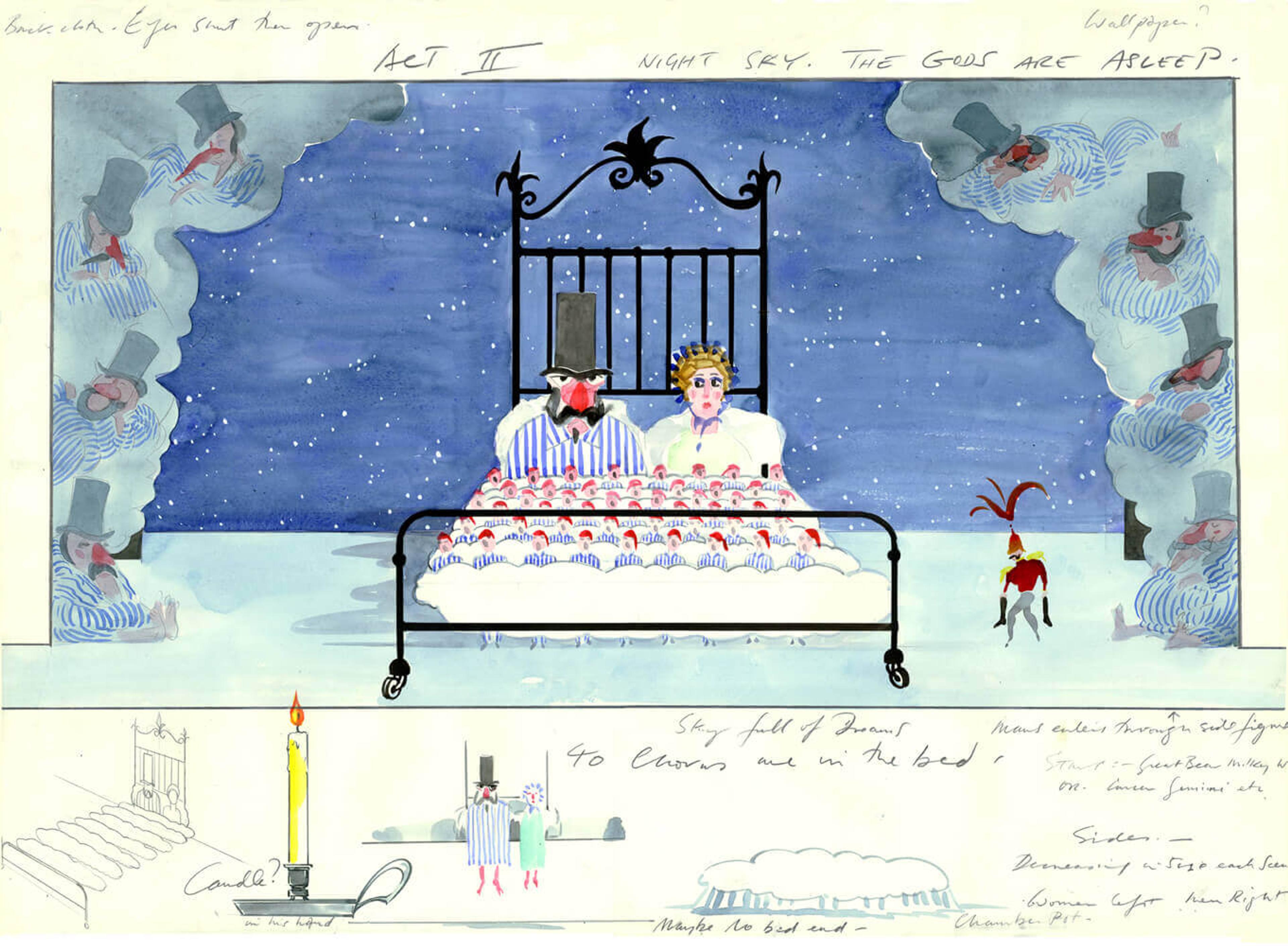Illustration of a set design depicting a couple comprising a grumpy man wearing a top hat and a woman with hair curlers sitting on a bed. The image includes a small soldier stealthily skulking towards the bed.