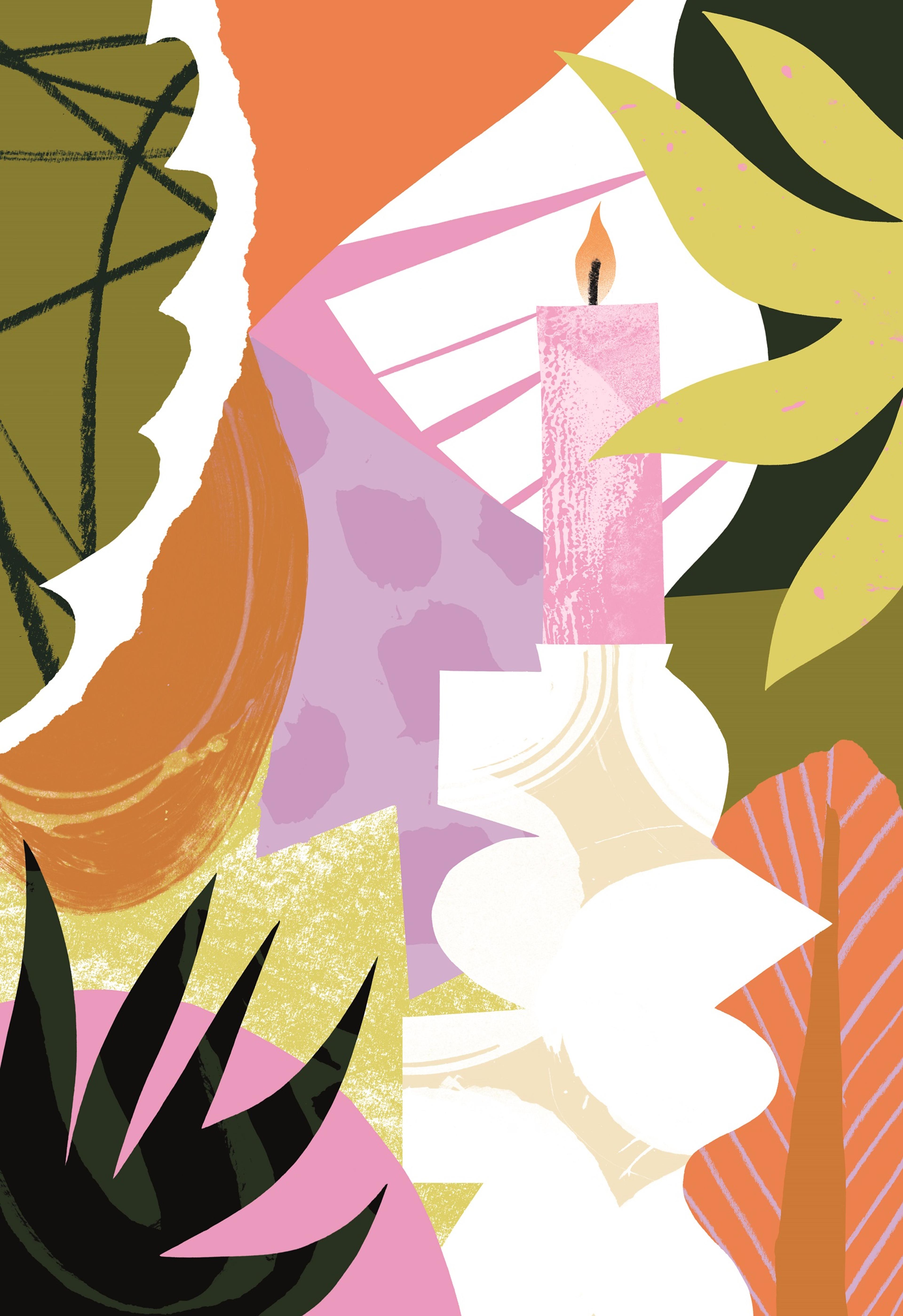 Illustration of a candle in an ornamental holder, surrounded by bright colours and foliage