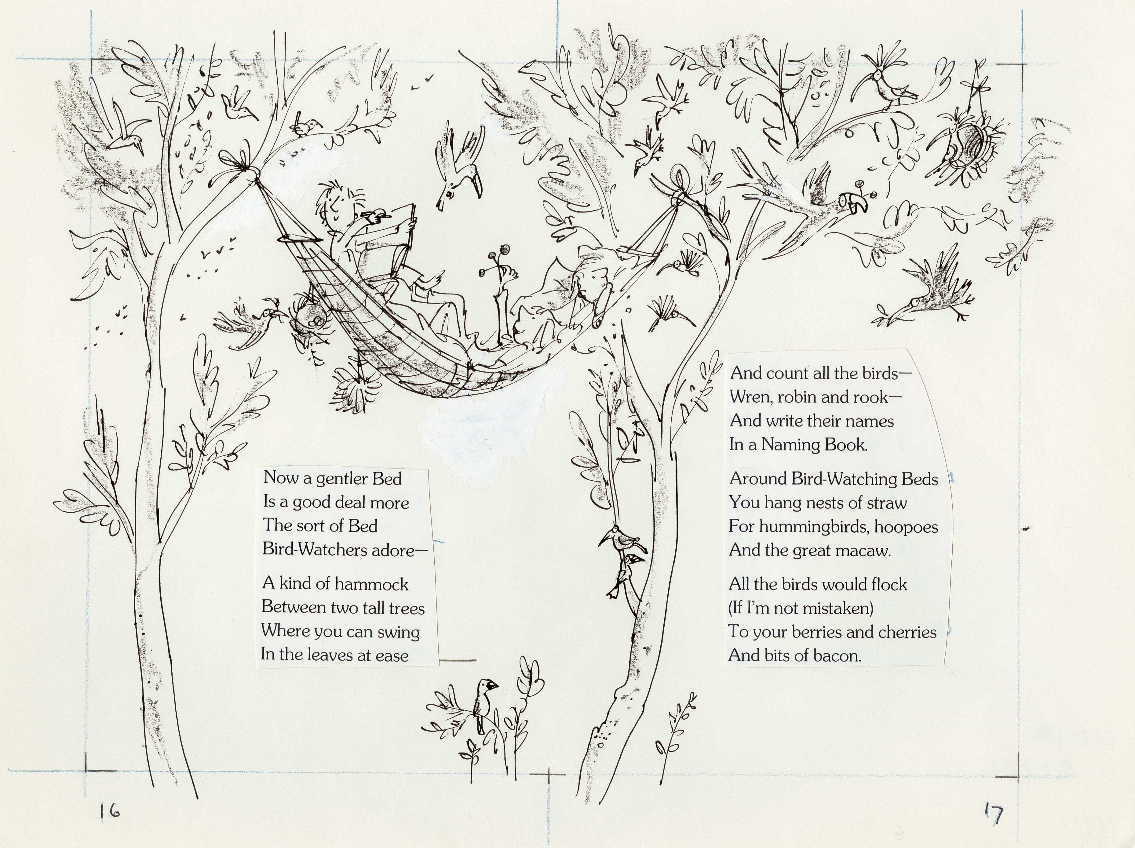 Line drawing of three children in a hammock in treetops surrounded by birds