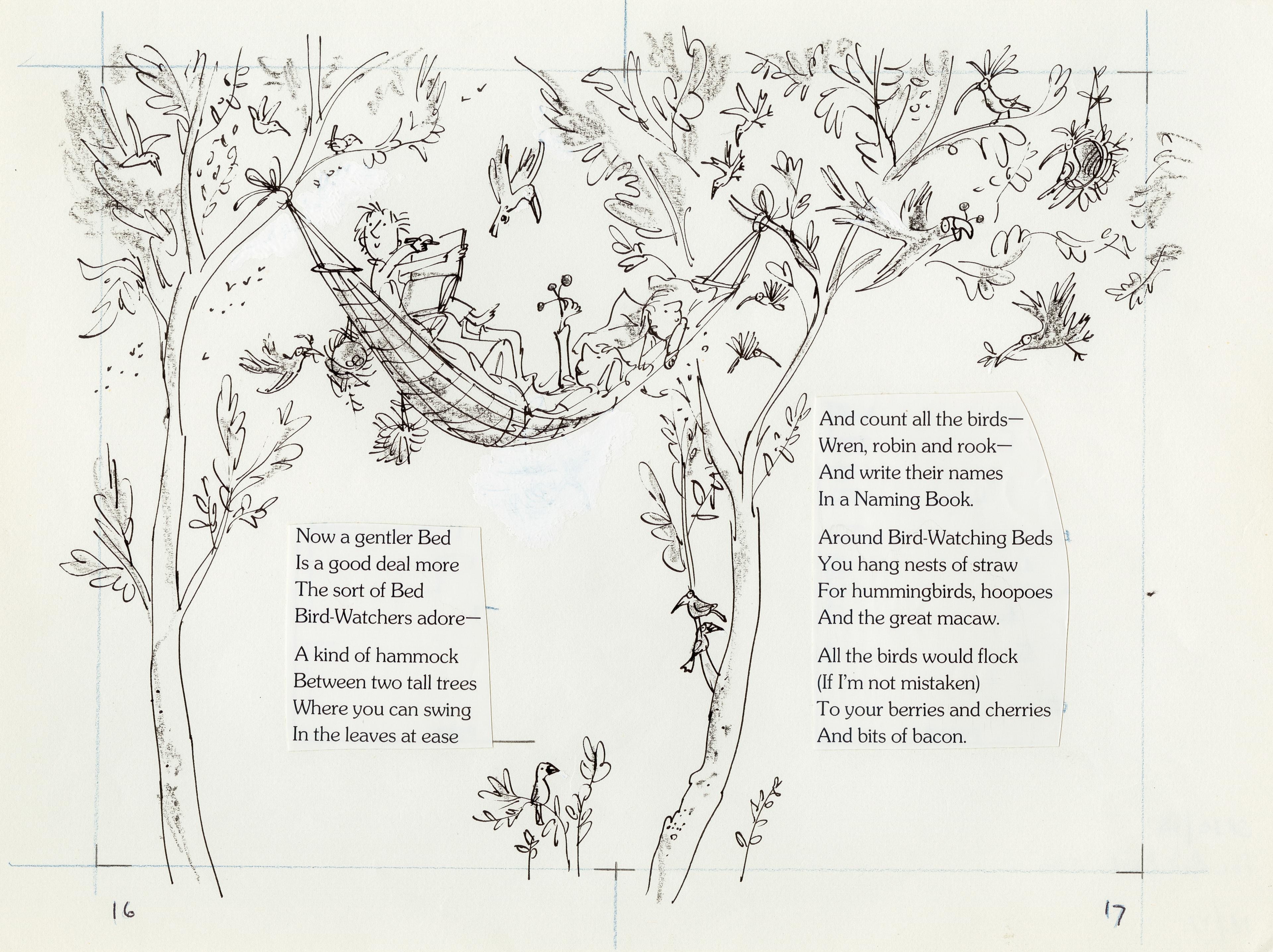Line drawing of three children in a hammock in treetops surrounded by birds
