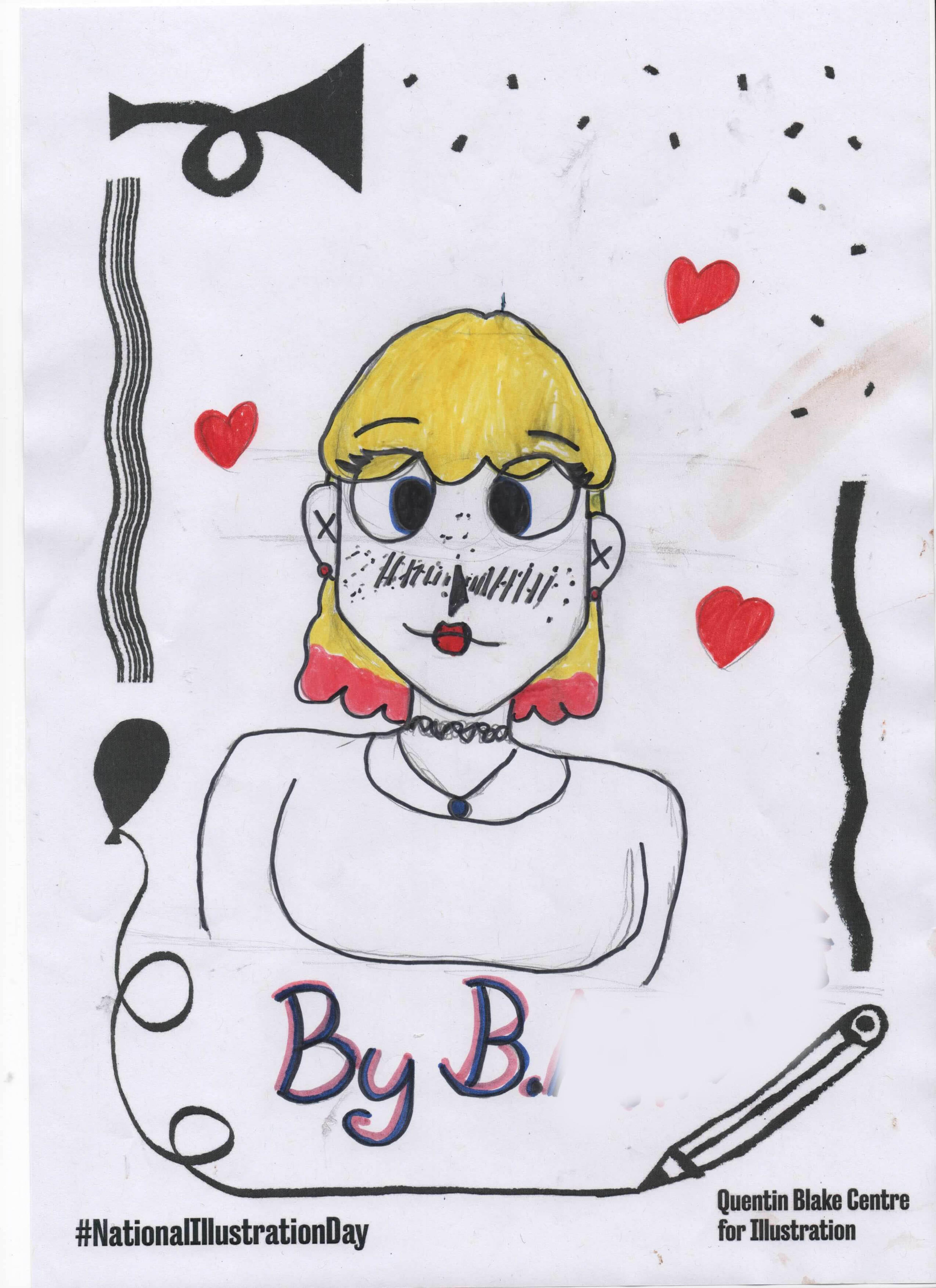 Drawing of a cute cartoon with big, crossed eyes and blond hair. It's signed "by B." in big, curly letters.
