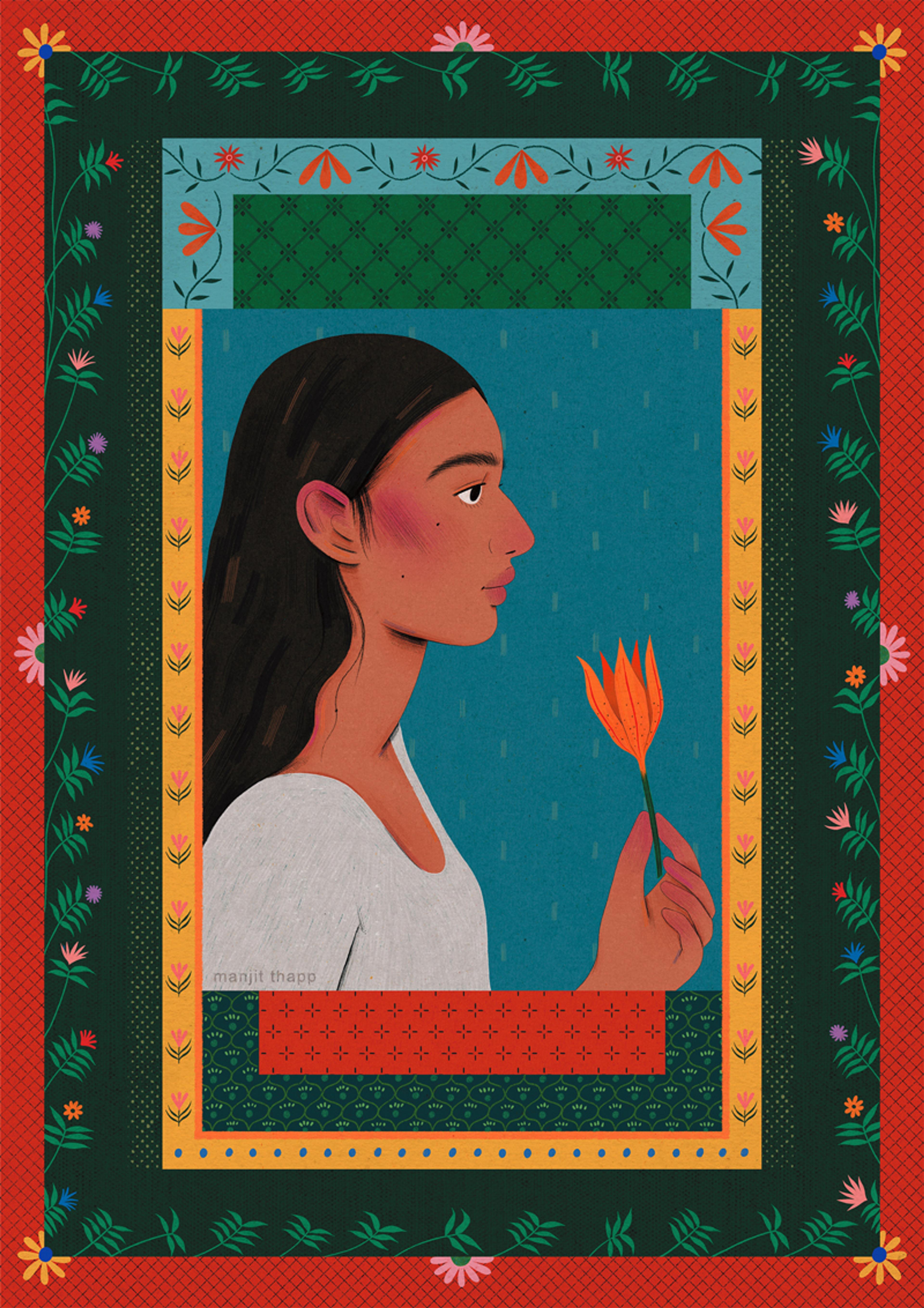 Illustration of a girl's profile, holding a flower. The picture includes an ornate floral border typically seen in Asian and Islamic miniature paintings.