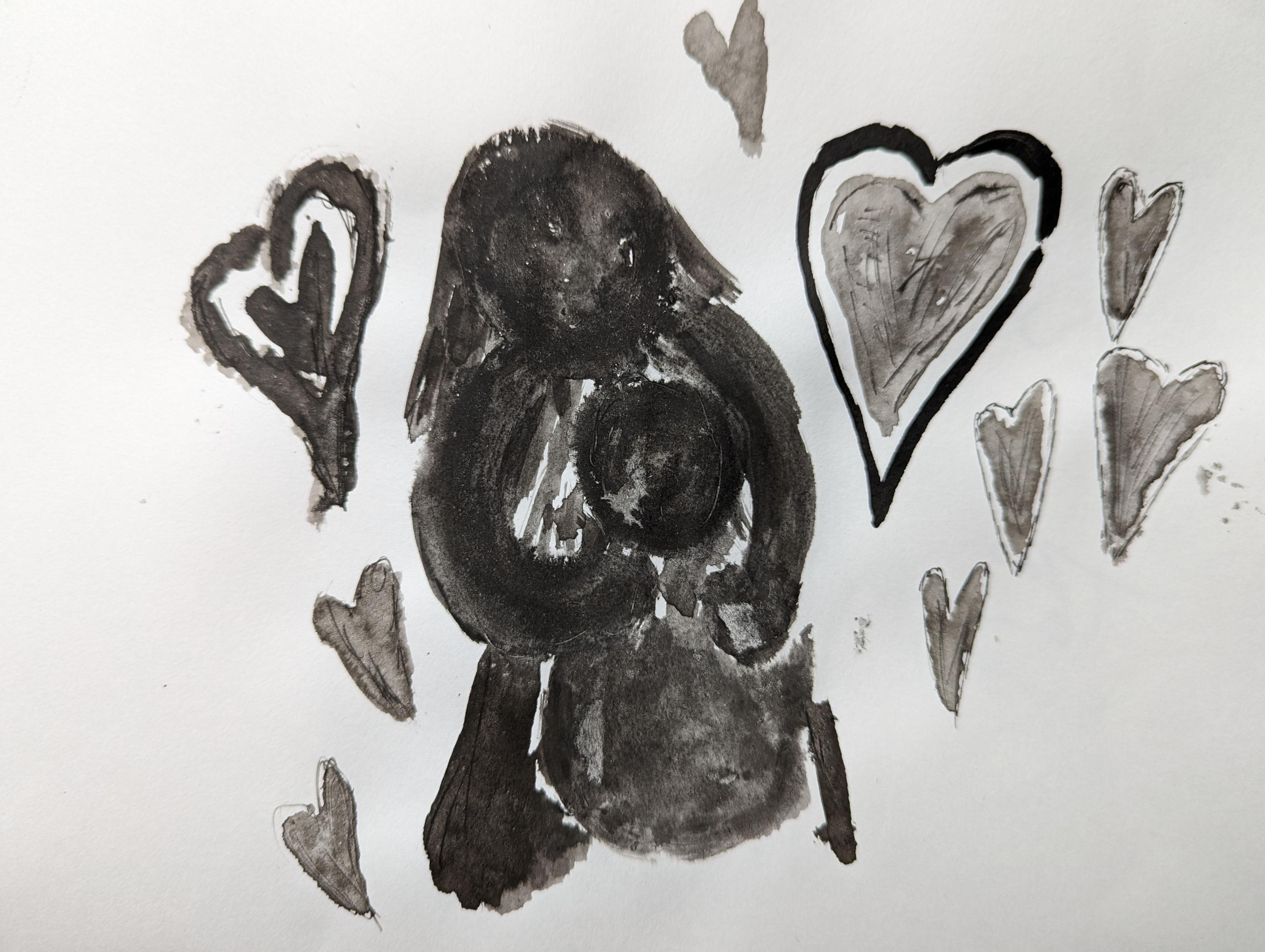 Illustration of a person with a child in their arms surrounded by hearts