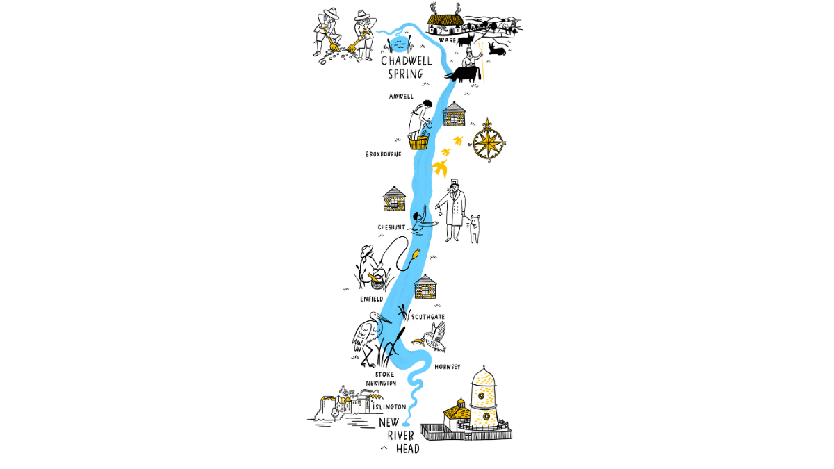 Bold and graphic illustration of a map depicting the course of the New River.