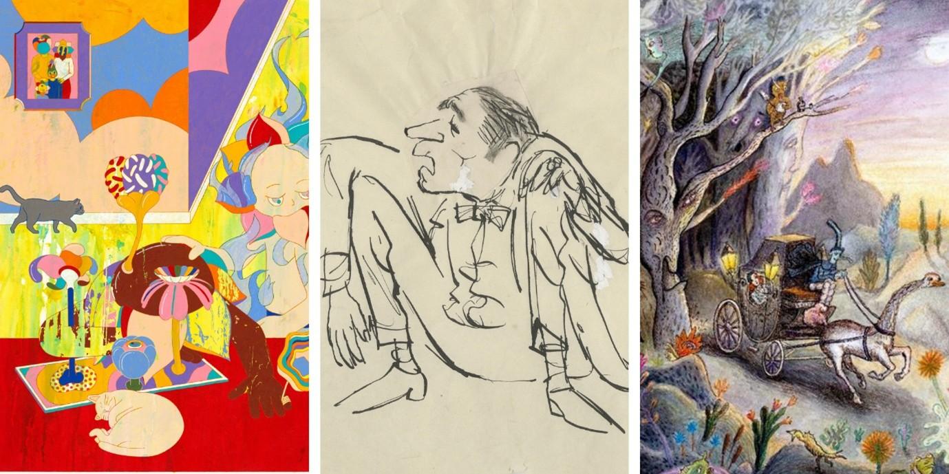 The image is a triptych. The left panel is colorful, with abstract shapes, cats, and a sleeping cat, creating a playful tone. The center is a sketch of a man with exaggerated features, appearing thoughtful. The right panel shows a whimsical scene with a carriage pulled by fantastical creatures in a vibrant, surreal landscape.