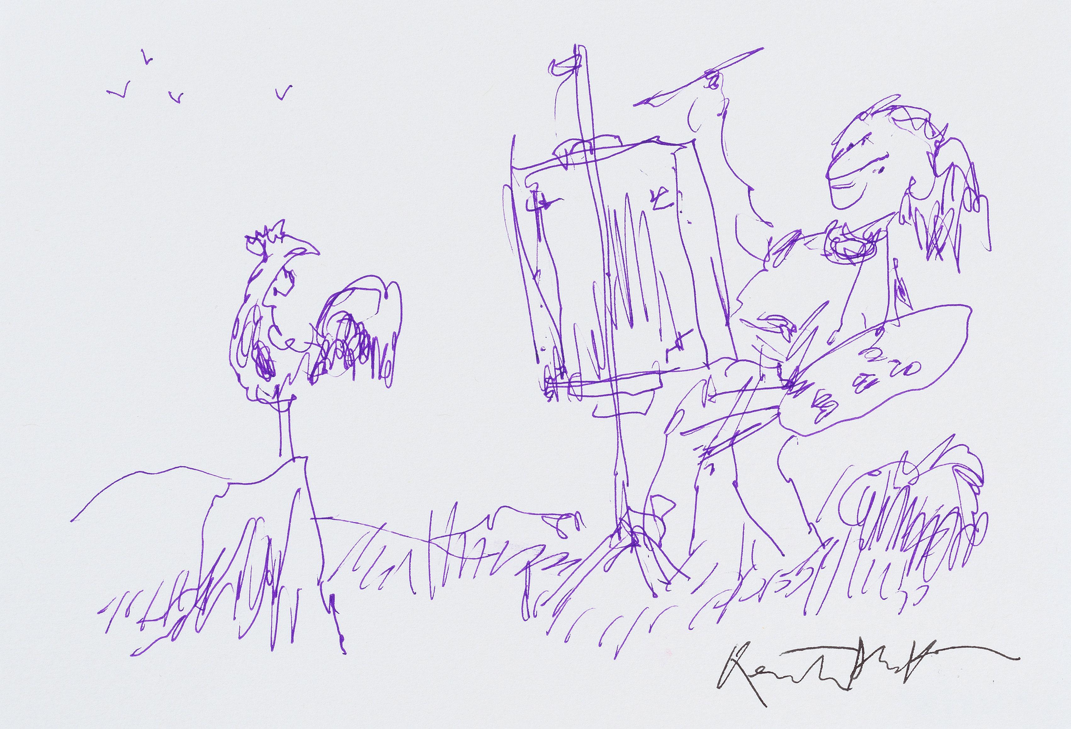 A line drawing illustration in purple ink of a person painting at an easel with a cockerel standing on a rock in front of them