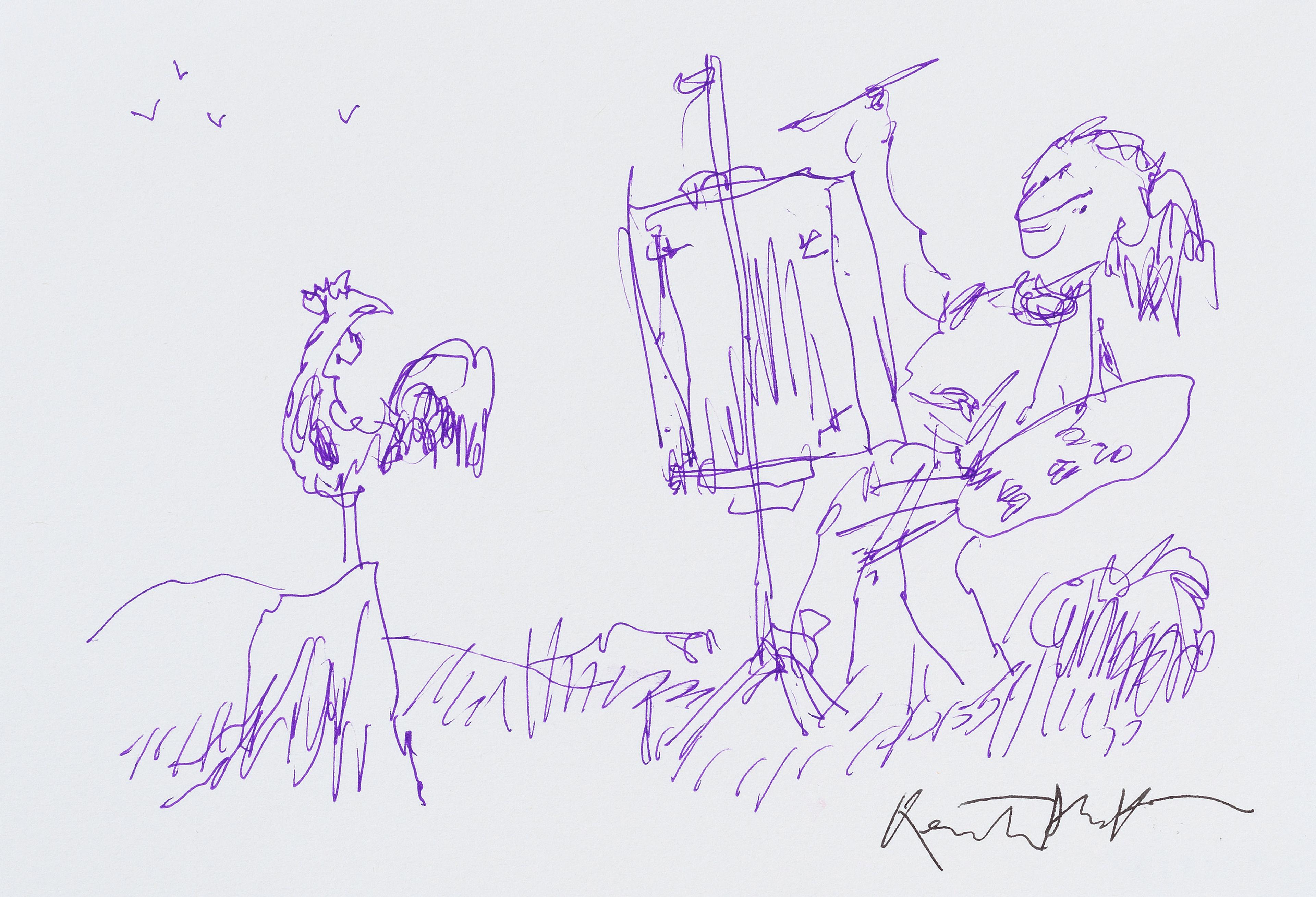 A line drawing illustration in purple ink of a person painting at an easel with a cockerel standing on a rock in front of them