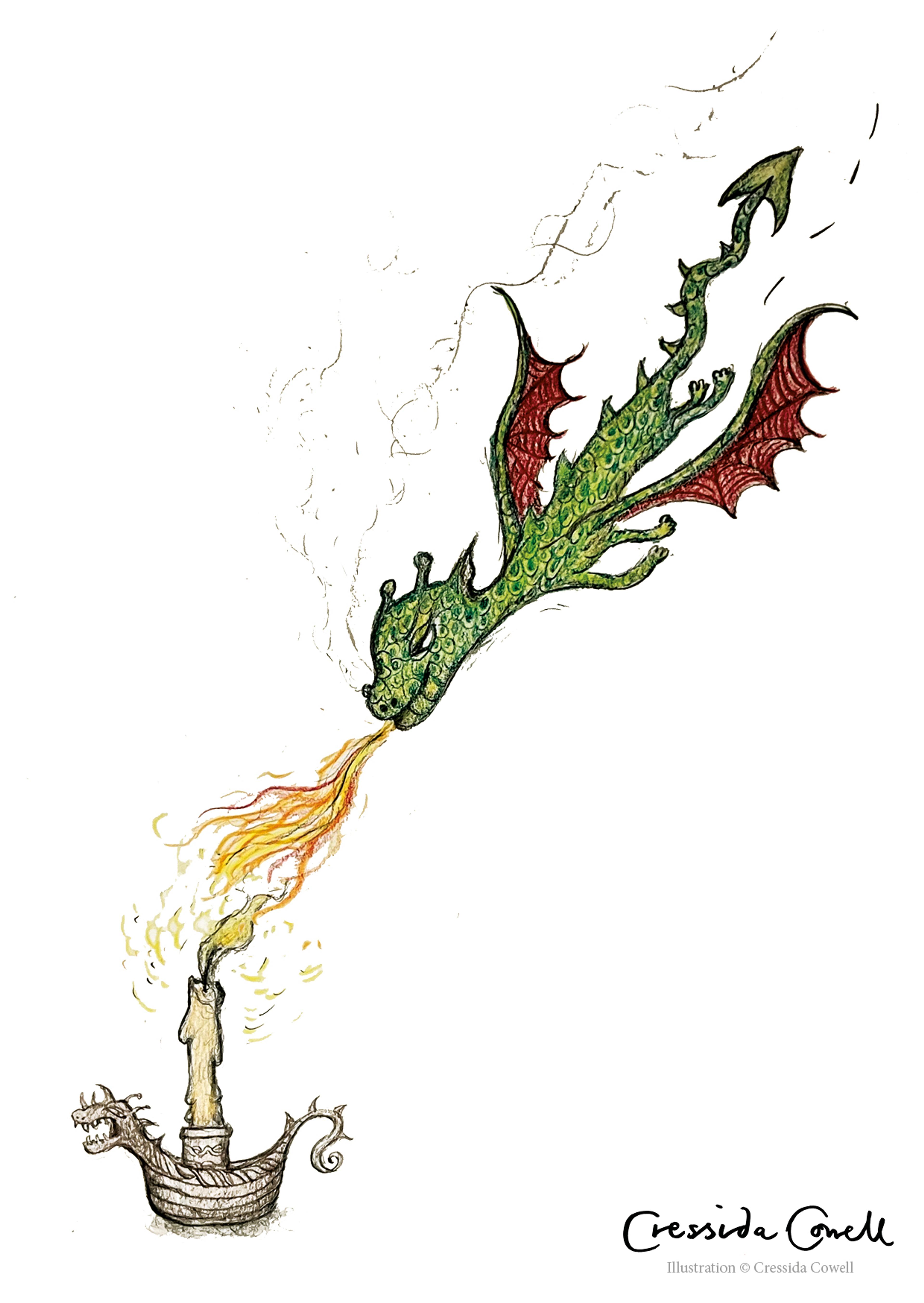 Illustration of a dragon breathing fire to light a candle
