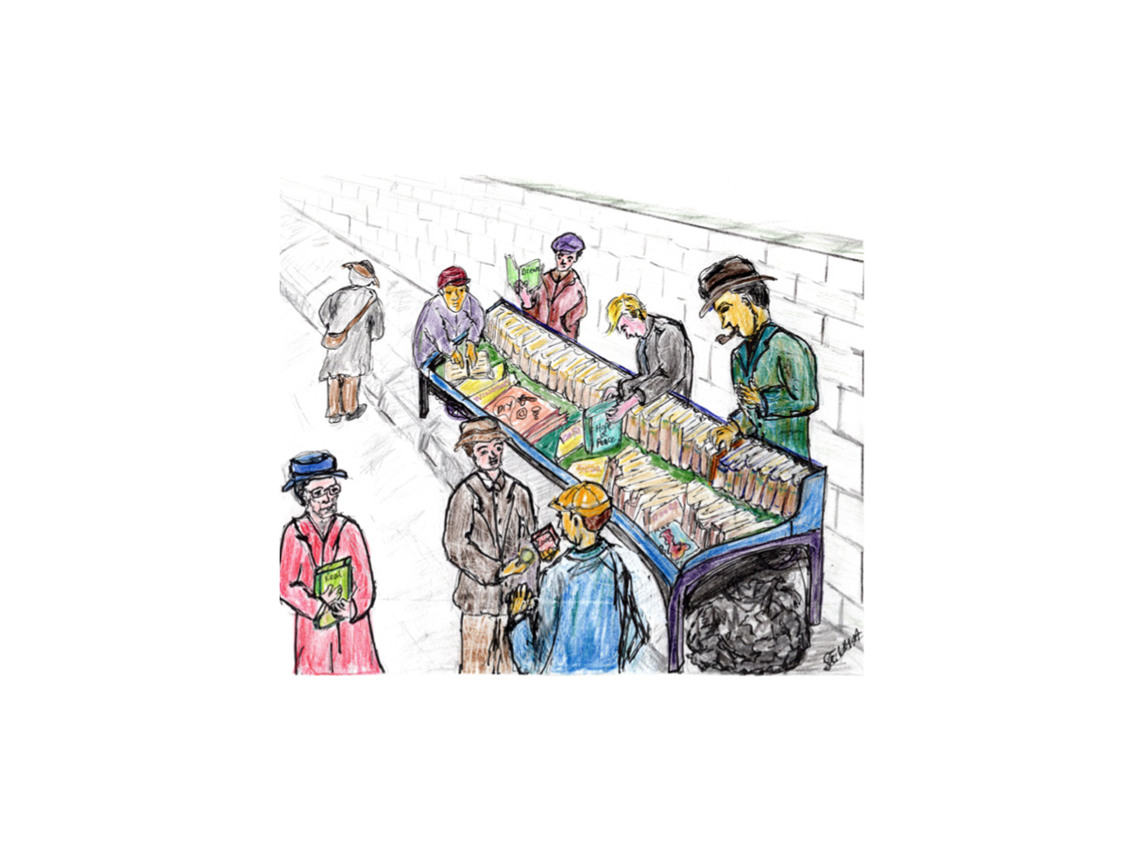 Illustration of people browsing a book stall