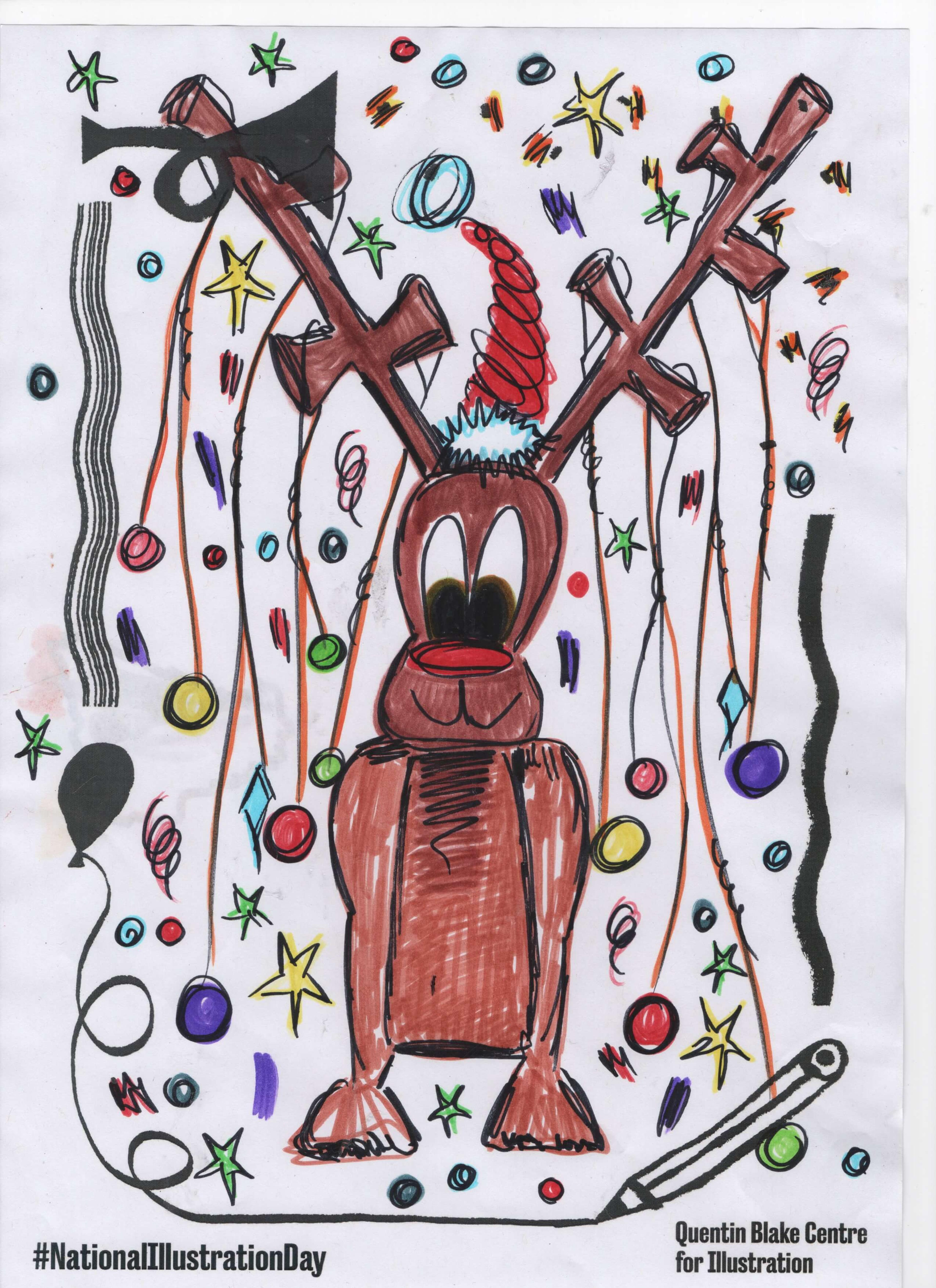 Illustration of a cartoon dog dressed as a reindeer, surrounded by stars, streamers and baubles. 