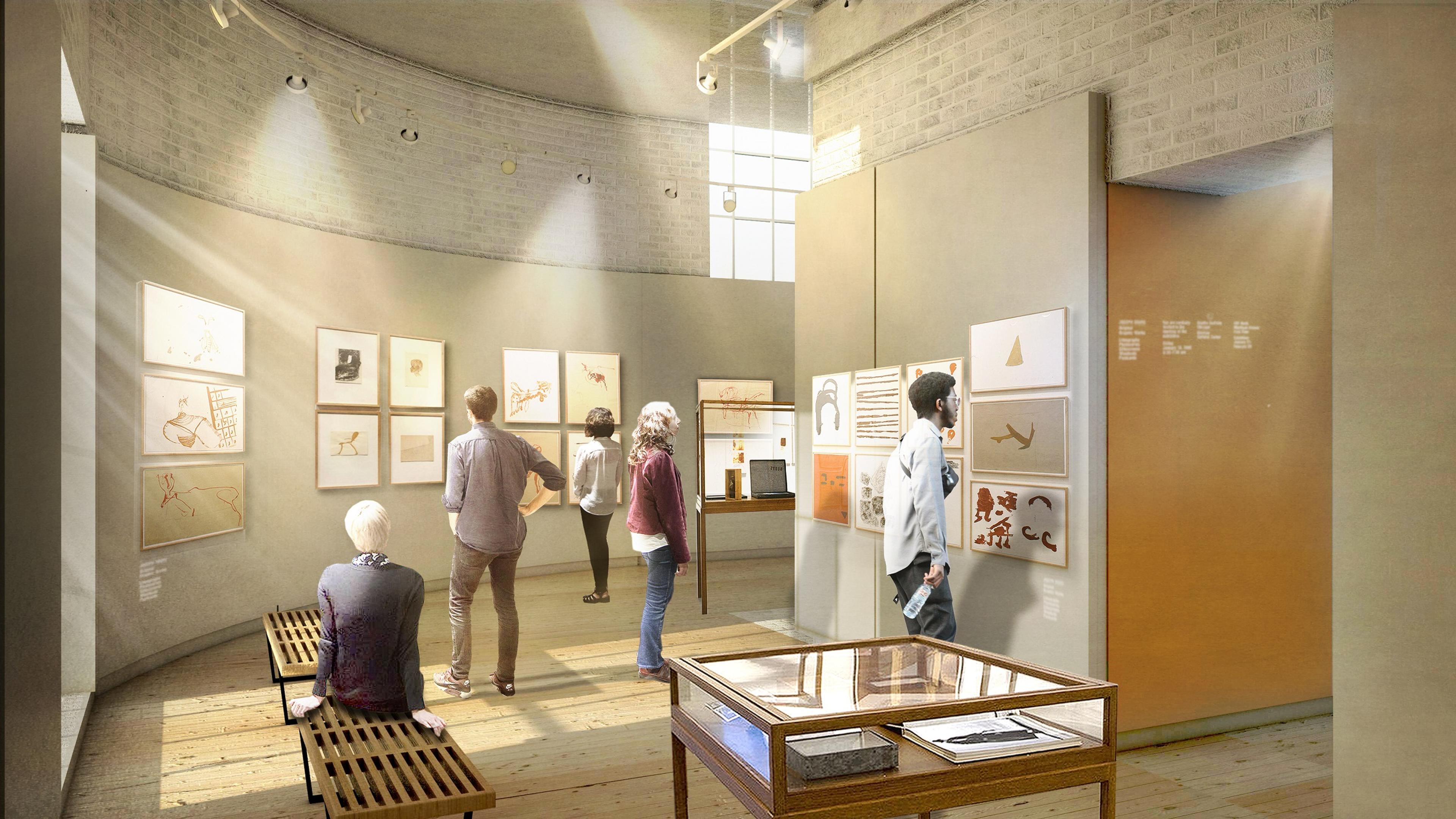 Rendering of people looking at framed artwork in an exhibition gallery