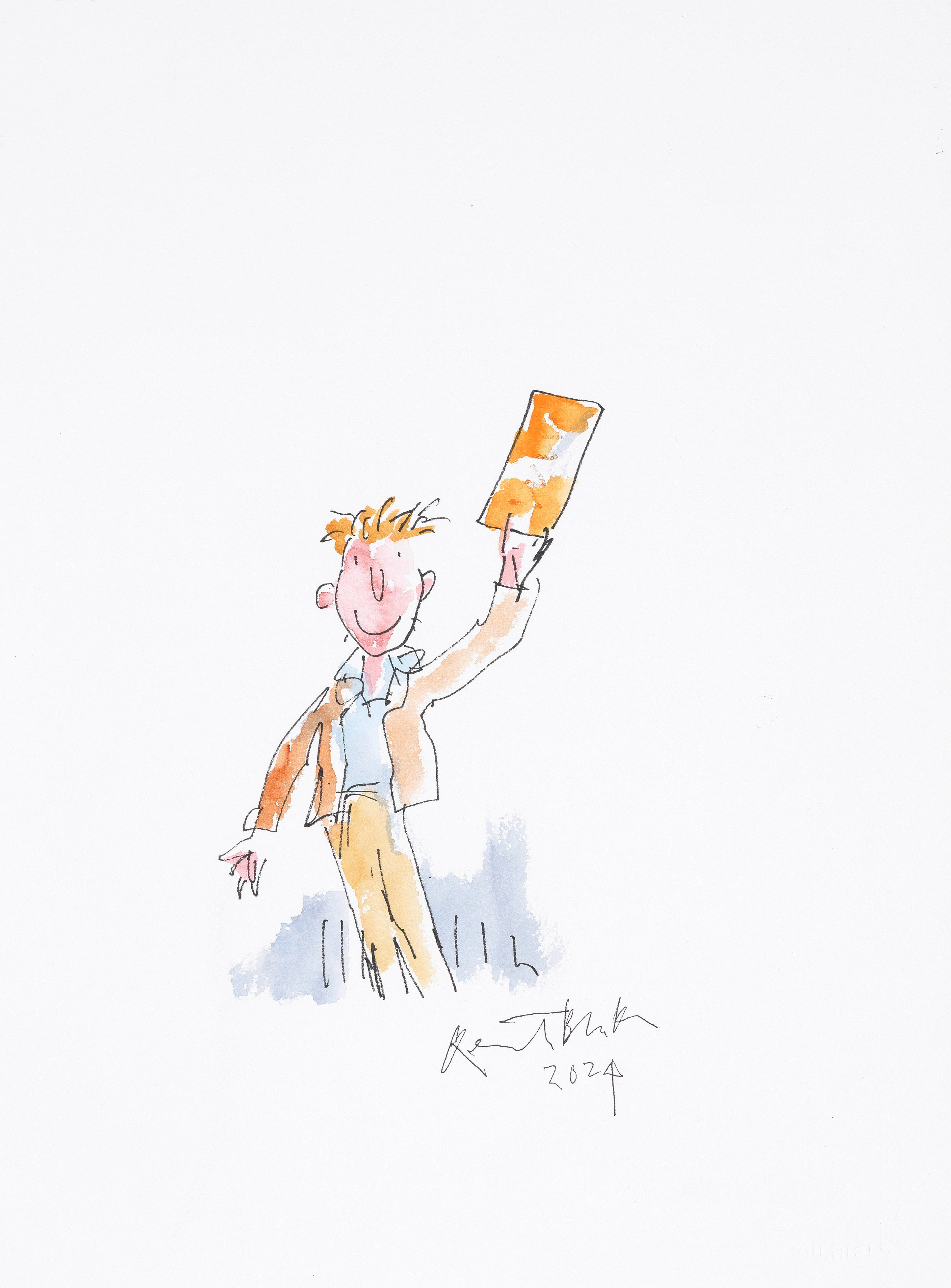 An illustration of a child holding up a large gold ticket signed by Quentin Blake