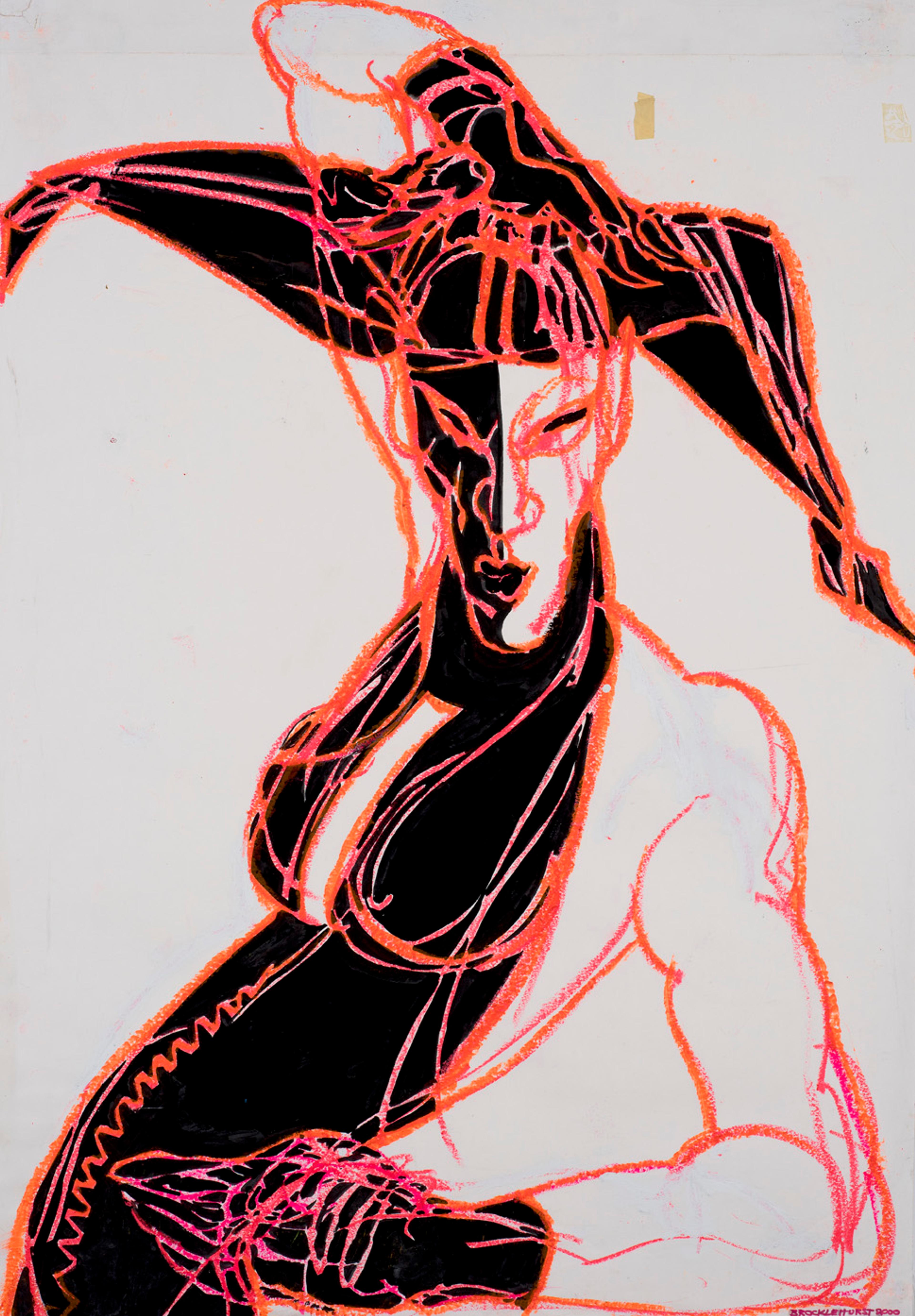 A drawing of a person dancing dressed in a black bodysuit, gloves and hat. They are drawn with red and orange lines on white paper.
