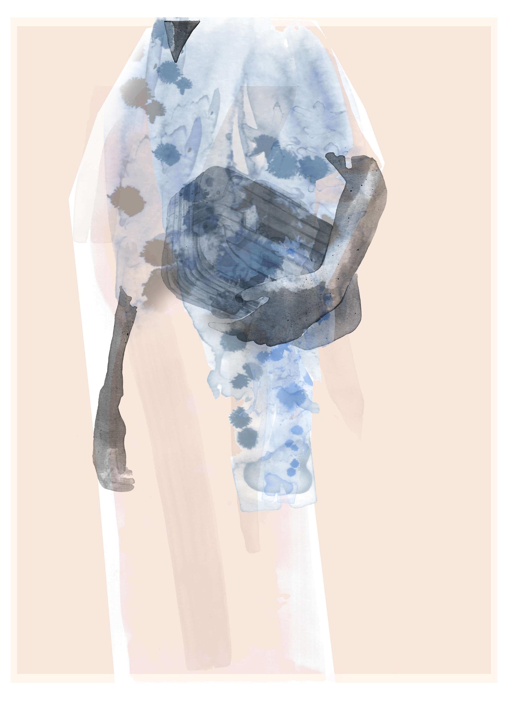 Illustration of person wearing blue kimono and clutch bag