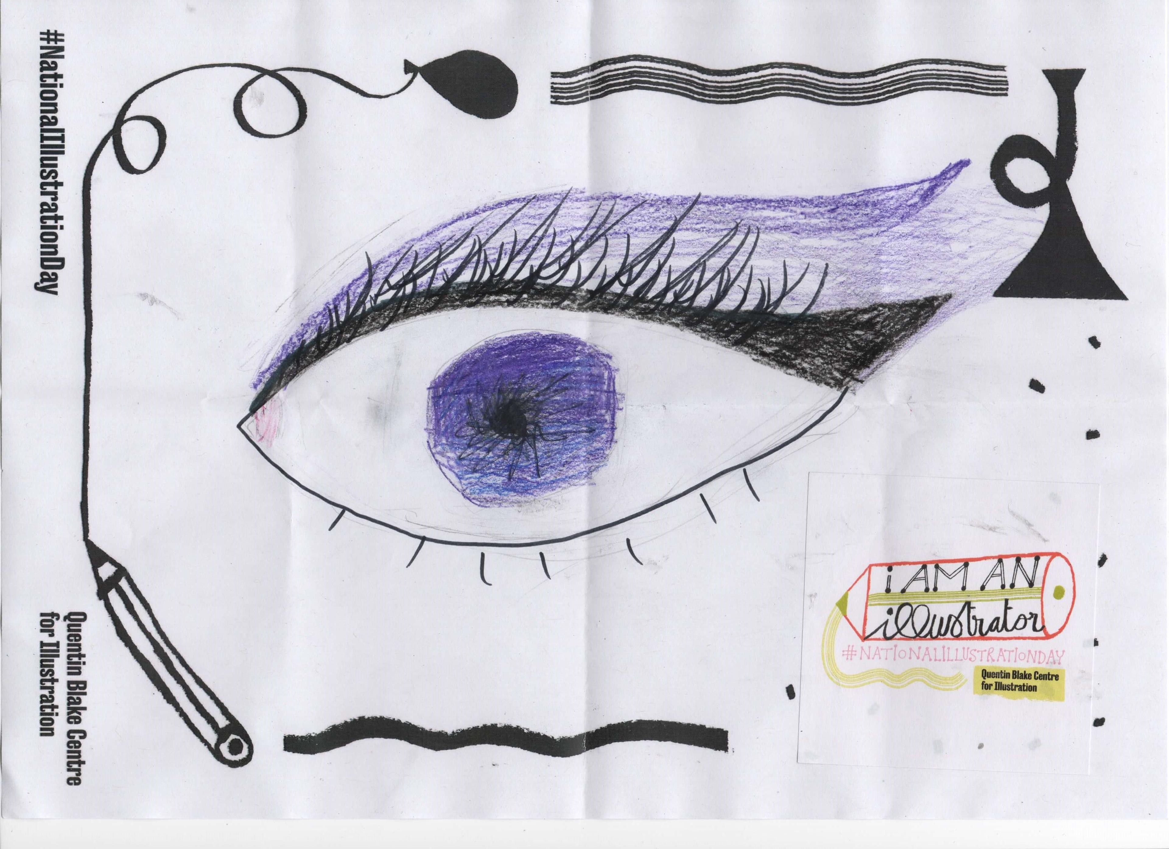 Drawing of an eye with purple eyeshadow. The picture includes a National Illustration Day branded sticker.