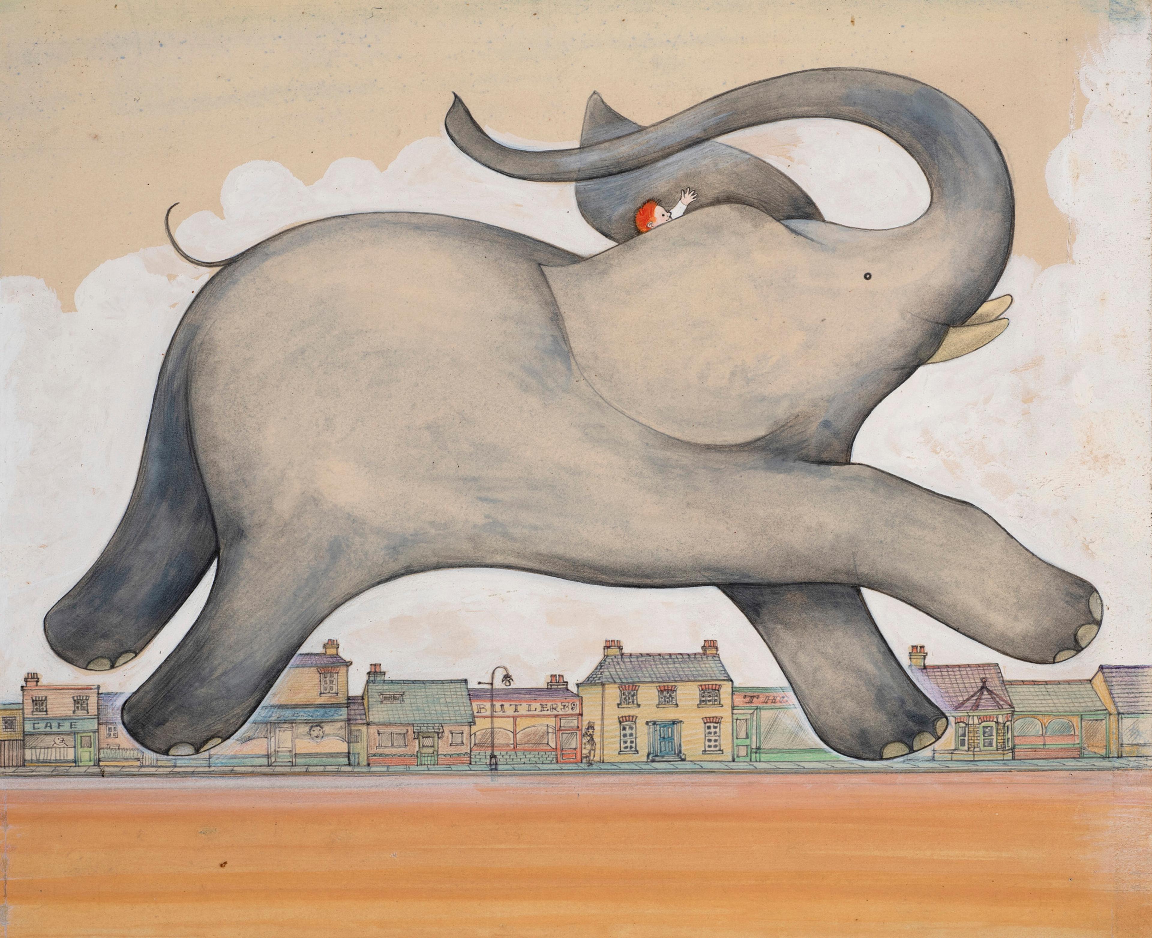 Illustration of an elephant with a child sitting on its head. There are buildings in the background.
