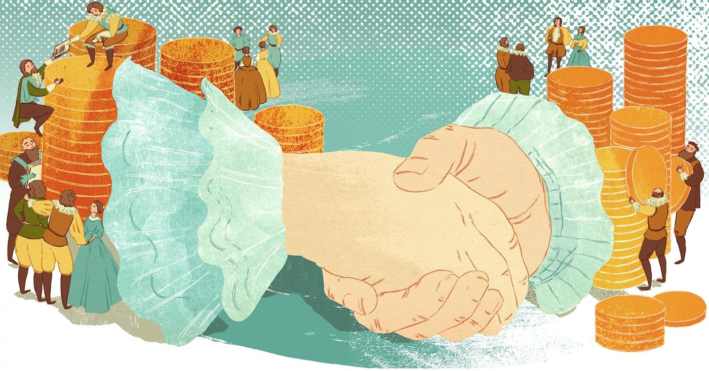 Illustration of two hands shaking with people in period clothes stacking giant coins behind them 
