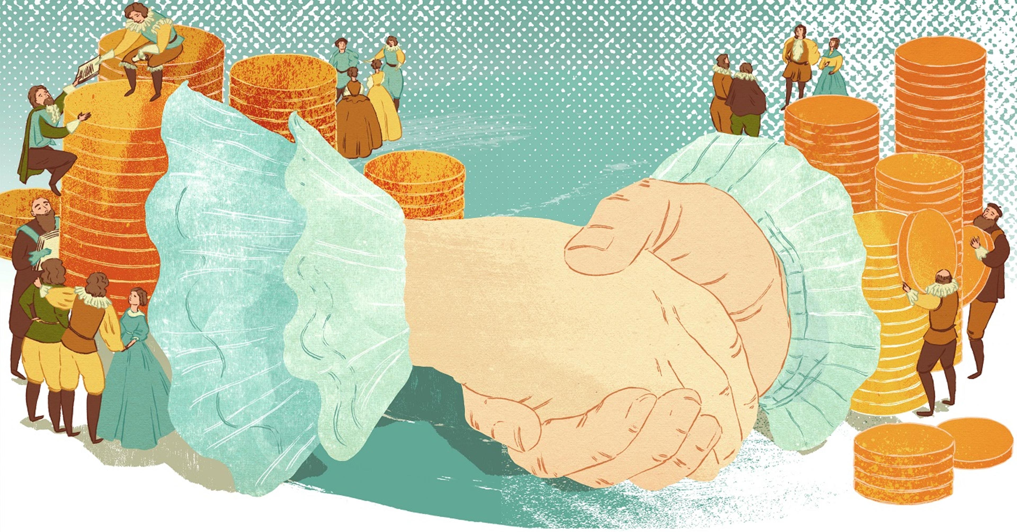 Illustration of two hands shaking with people in period clothes stacking giant coins behind them